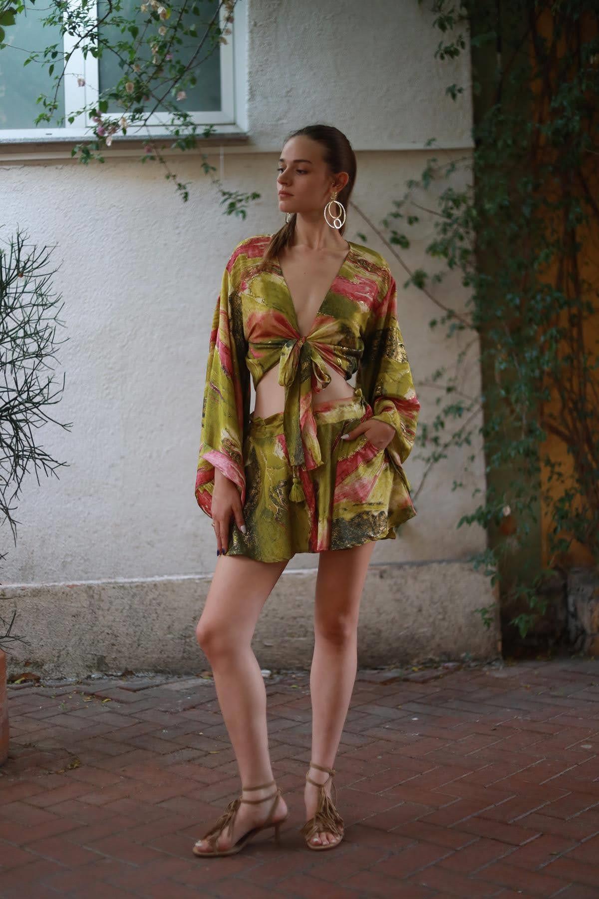 Green Patterned Silk Short Skirt