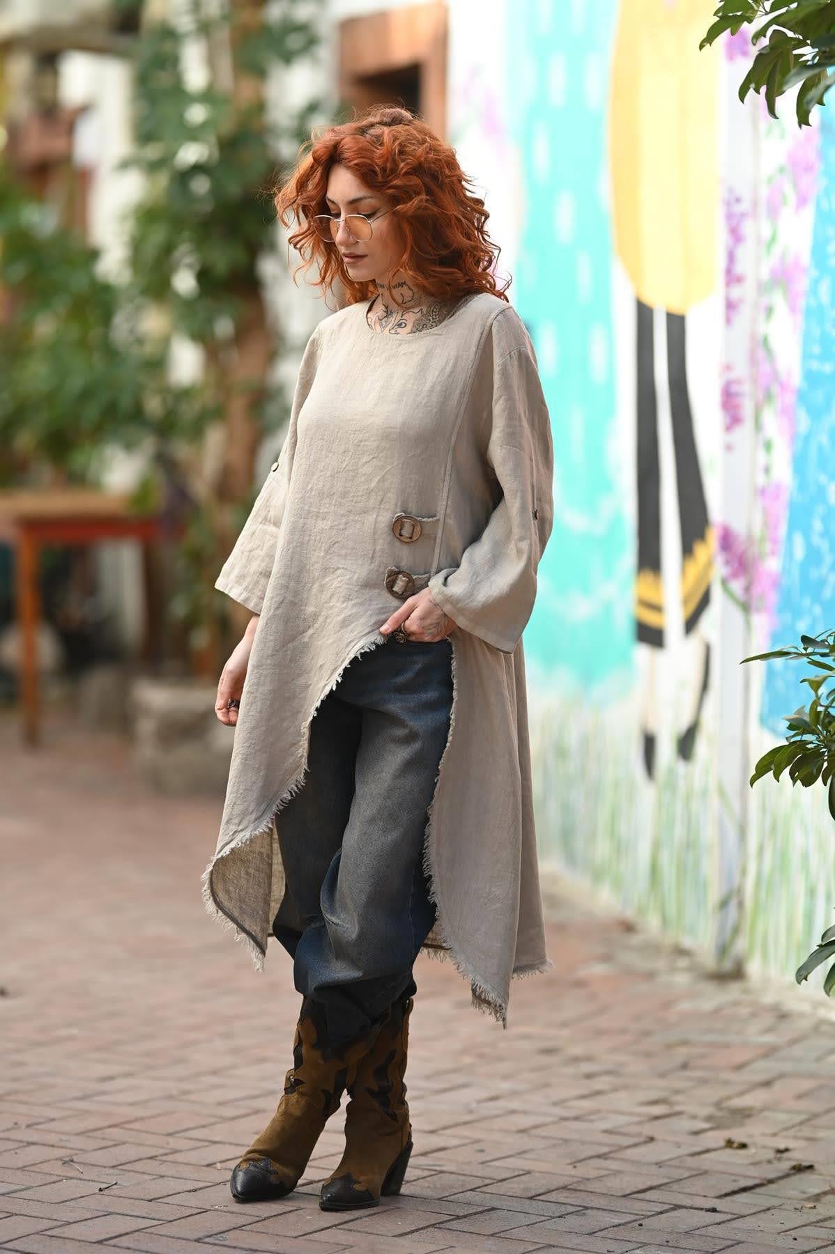 Mink Fringed Asymmetric Cut Linen Tunic