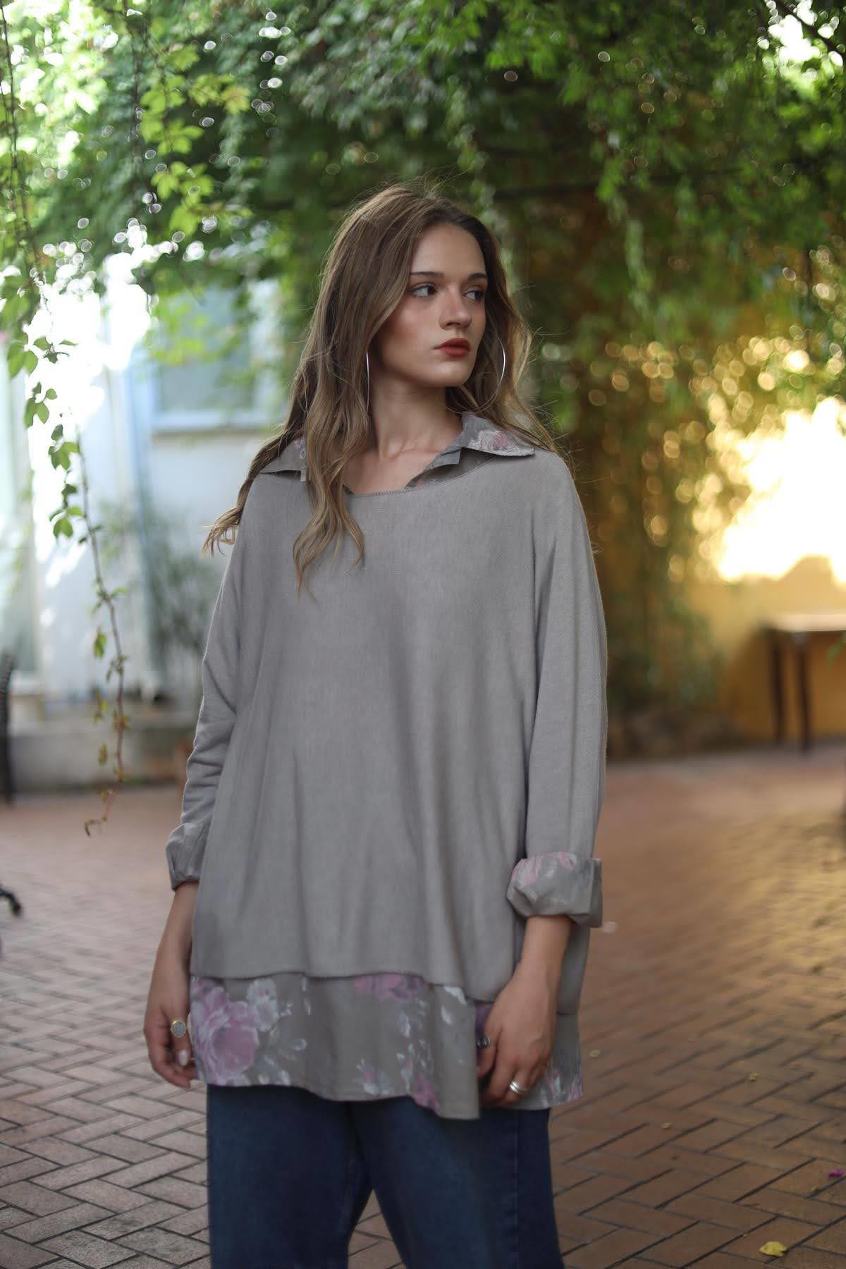 Mink Color Floral Patterned Shirt Detail Blouse