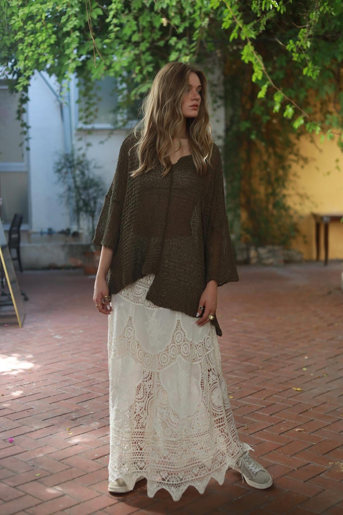 Khaki Collar Cut-Off Detail Mercerized Blouse