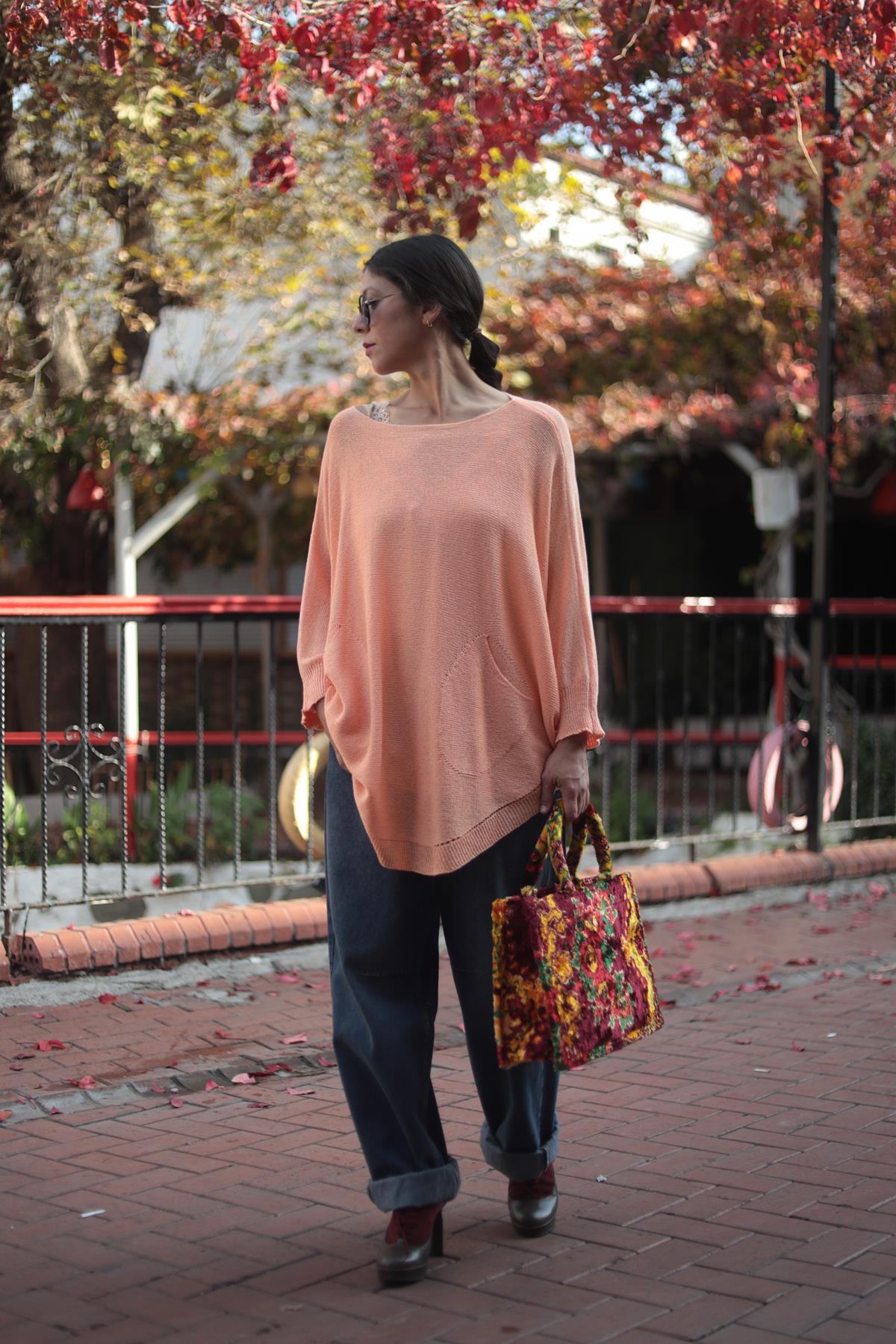 Somon Rengi Oval Kesim Cepli Triko Tunik