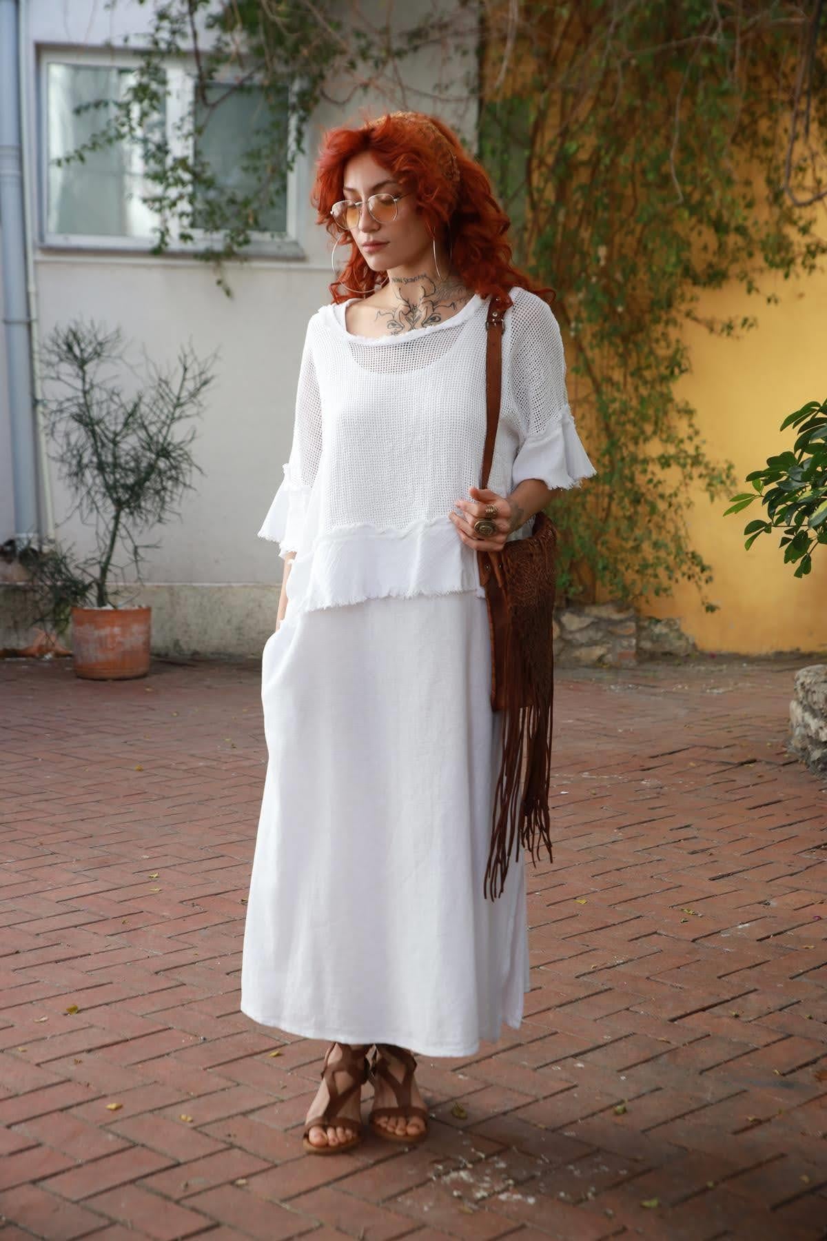 White Mesh Blouse Detailed Strappy Dress