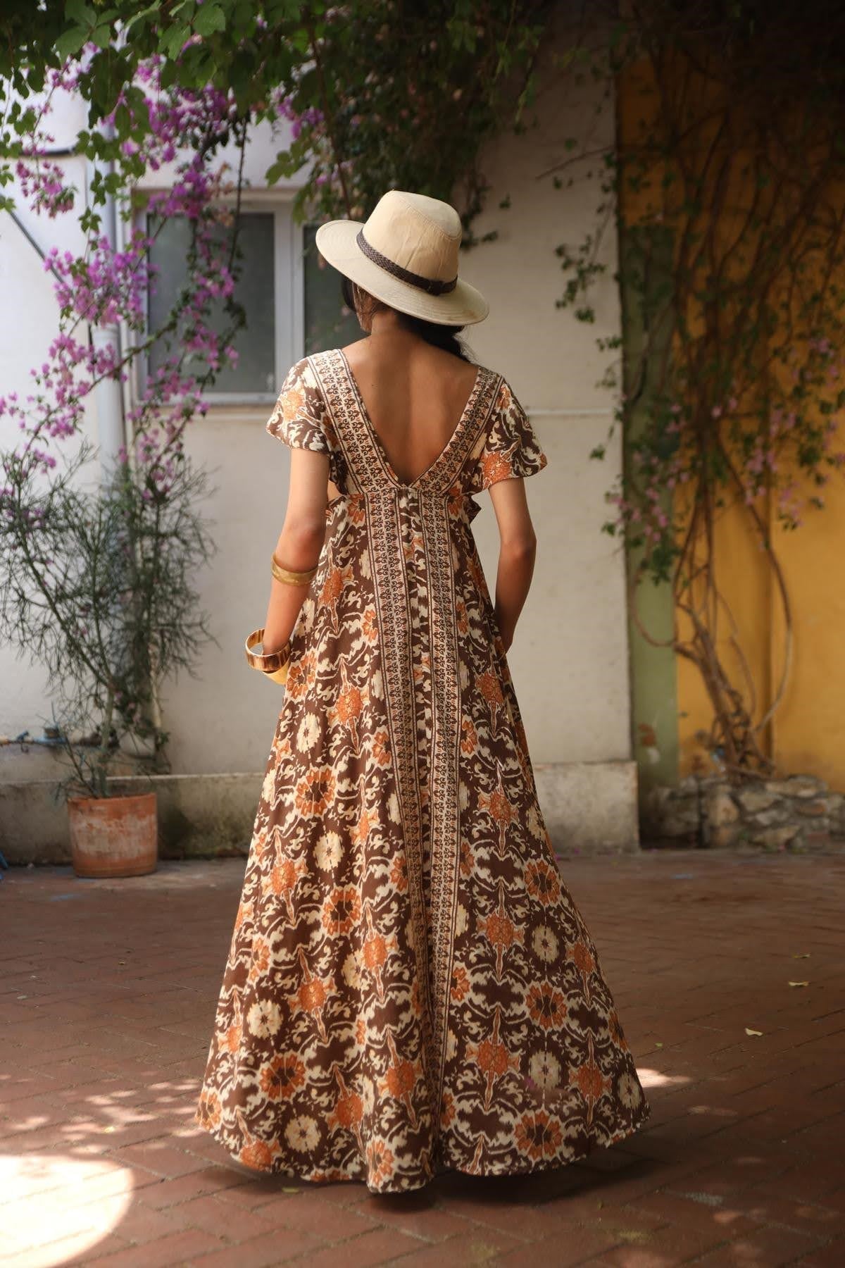 Brown Patterned V Neck Strappy Dress