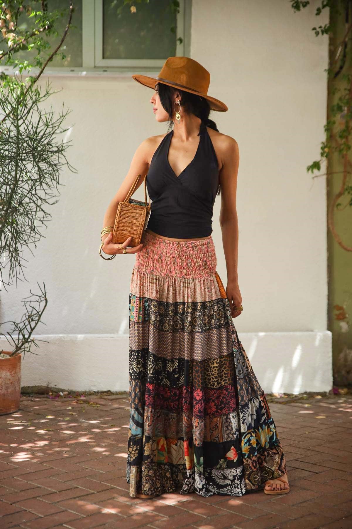 Renkli Beli Lastikli Otantik Desenli Patchwork Etek