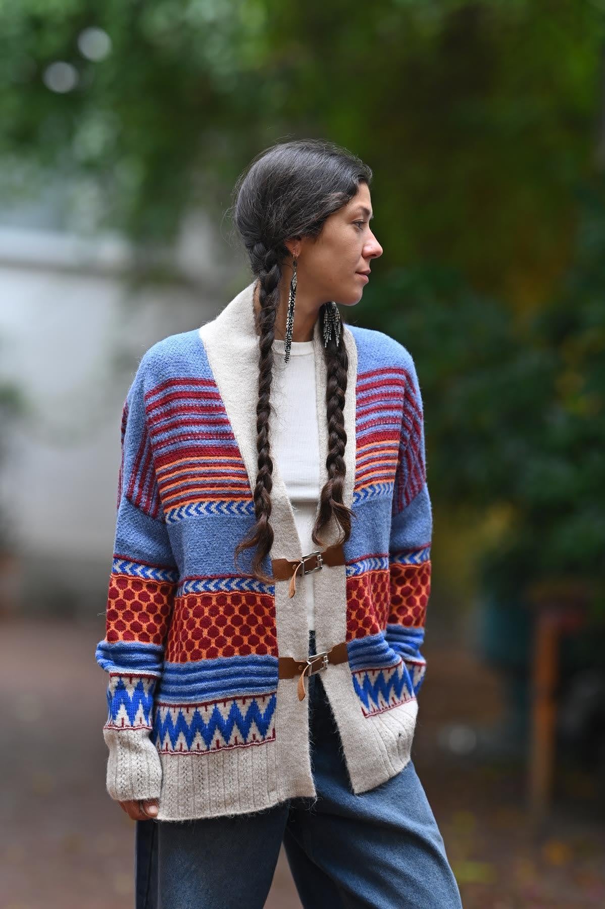 İndigo Mavi Desenli Kemerli Hırka