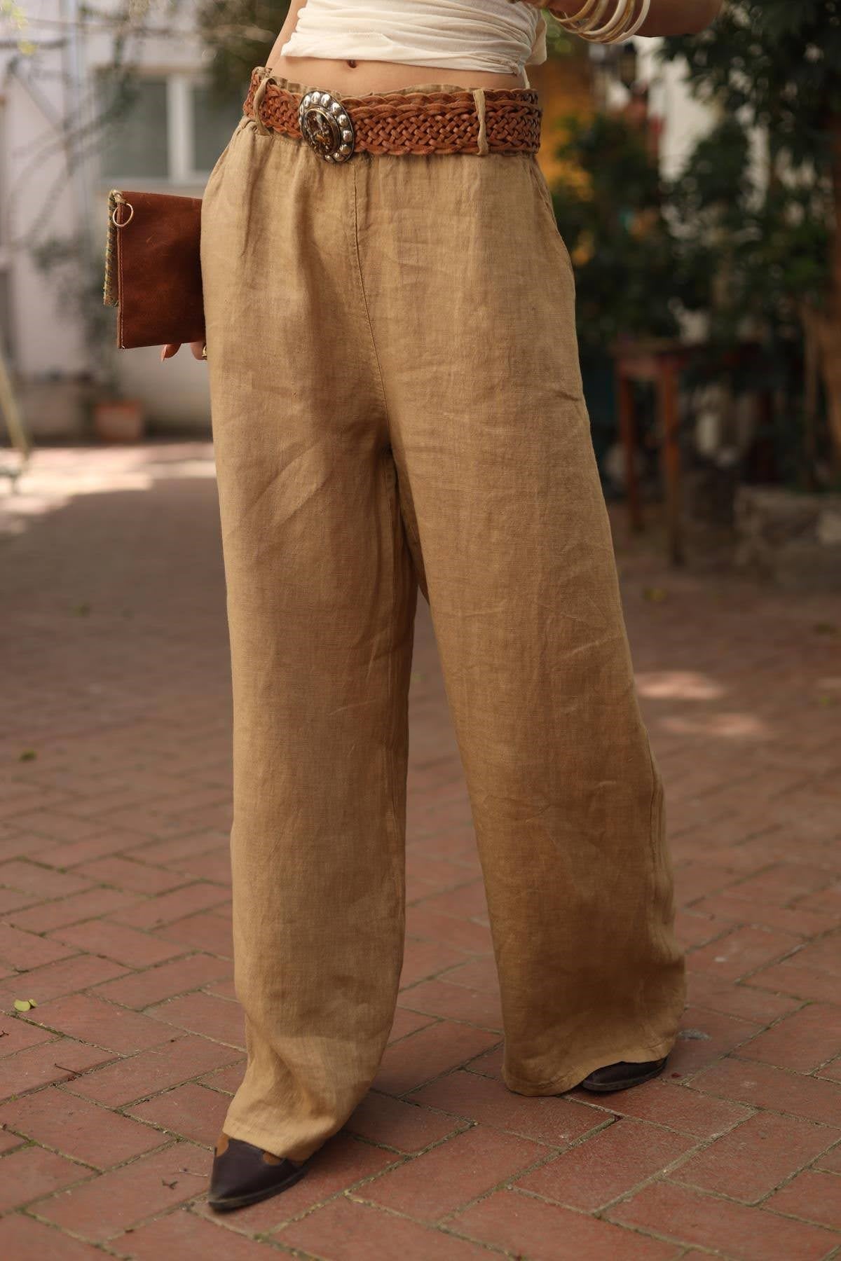 Camel Rengi Hasır Kemerli Keten Pantolon