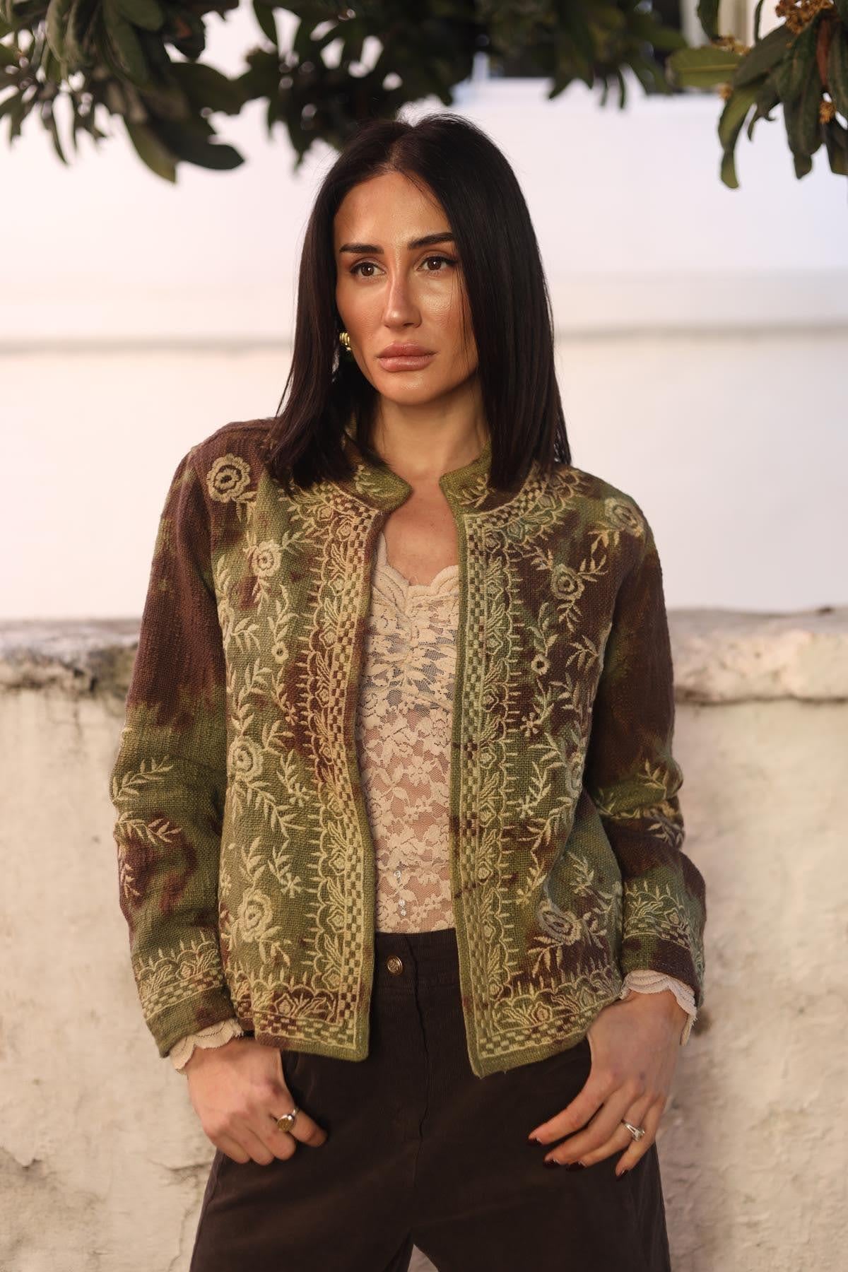 Kahverengi Batikli Nakışlı Ceket