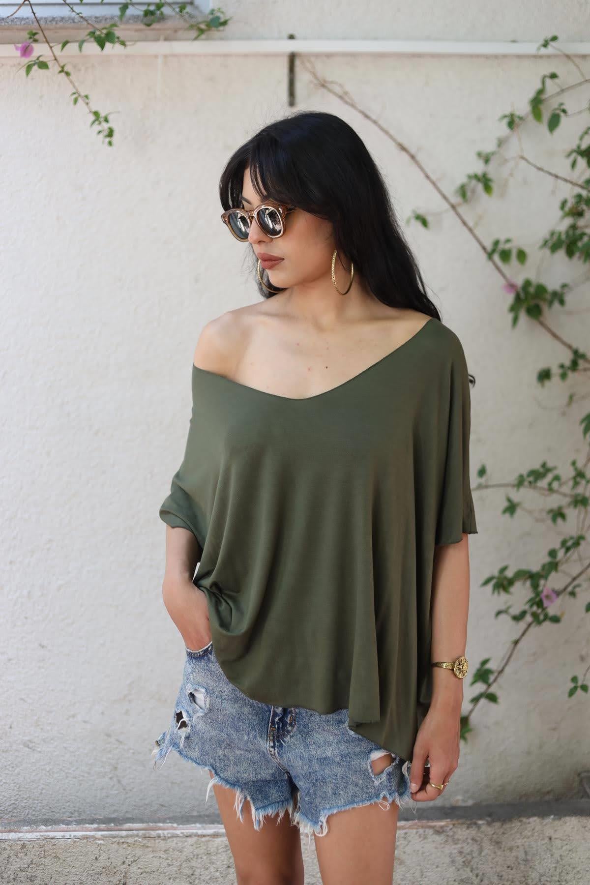 Khaki V Neck Blouse