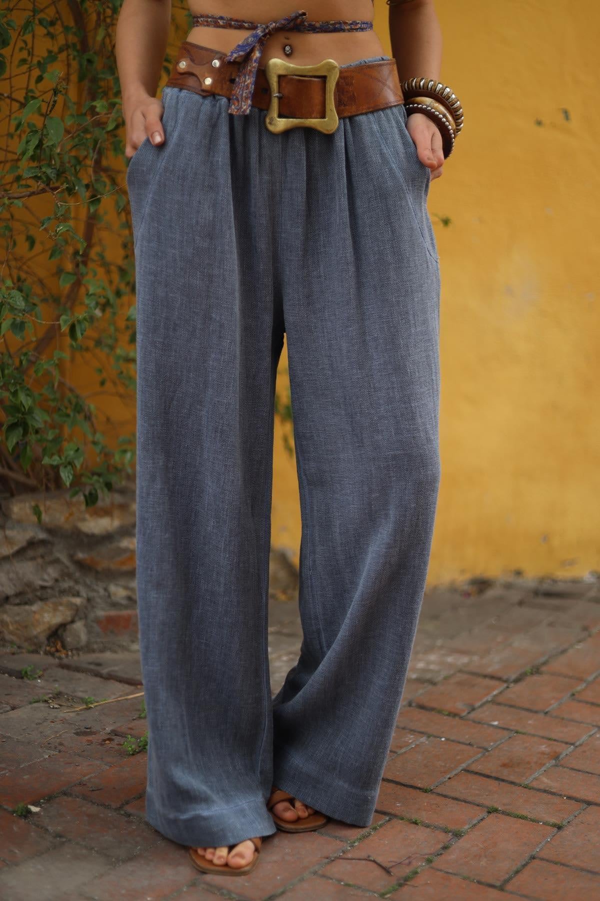 Indigo Blue Wide Leg Linen Trousers