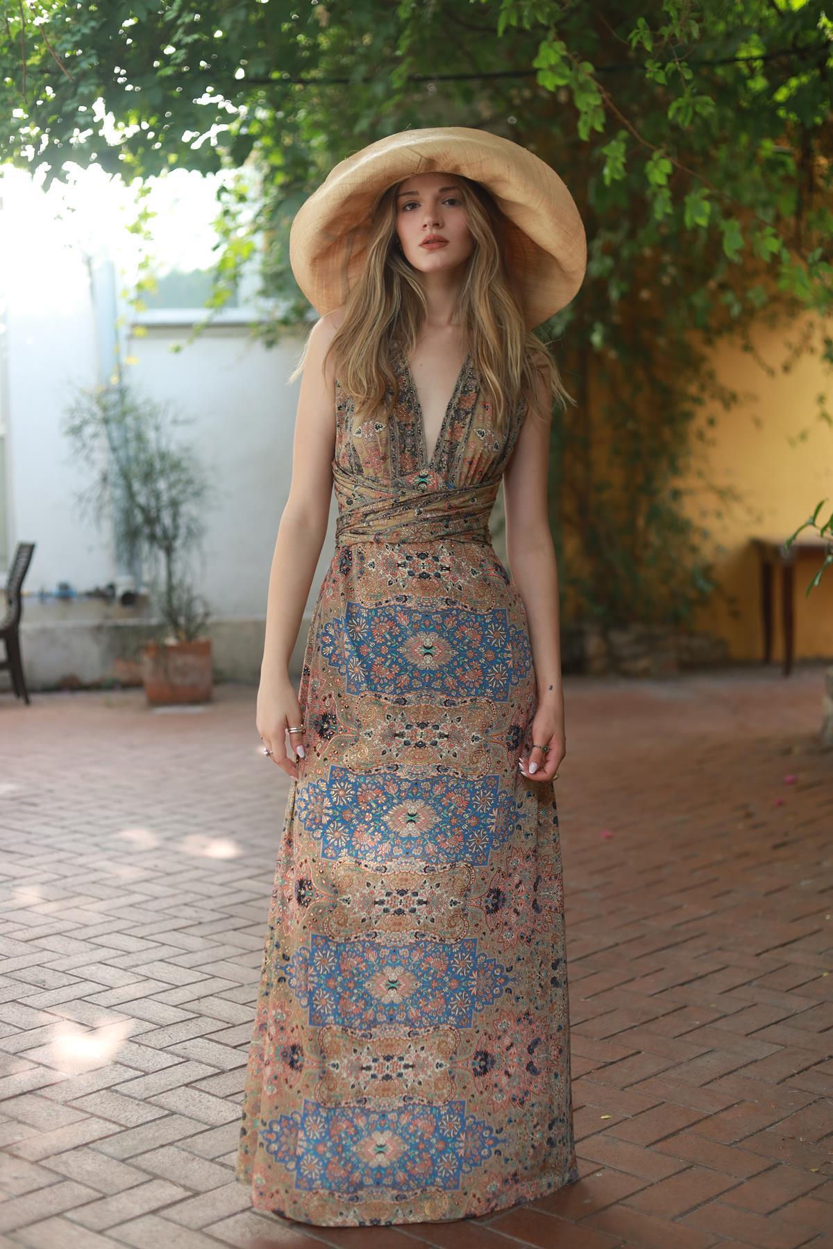 Indigo Blue Halter Neck Flaring Silk Dress