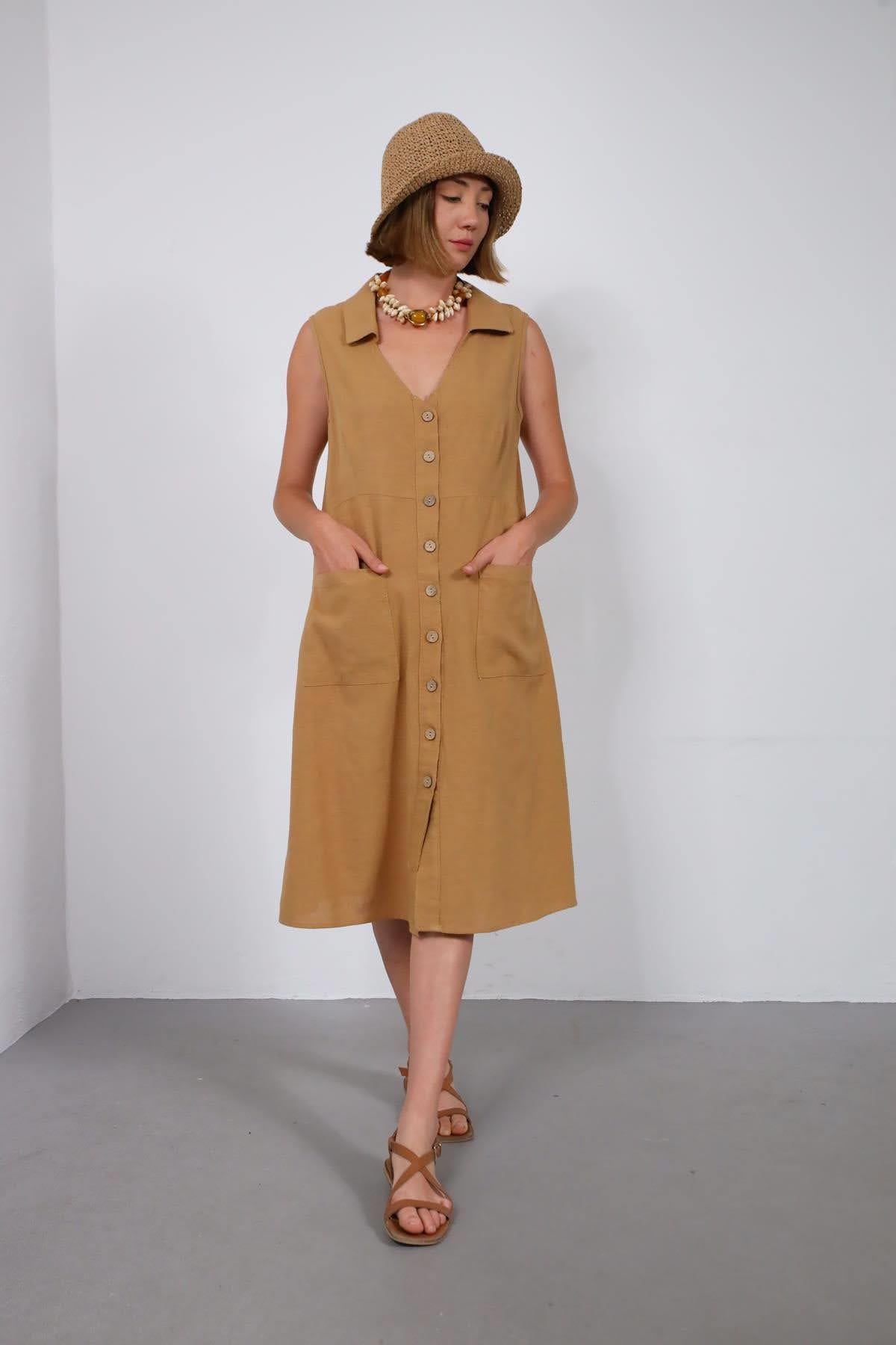 Camel Rengi V Yaka Cepli Keten Gömlek Elbise - Şaman Butik Camel Rengi V Yaka Cepli Keten Gömlek Elbise