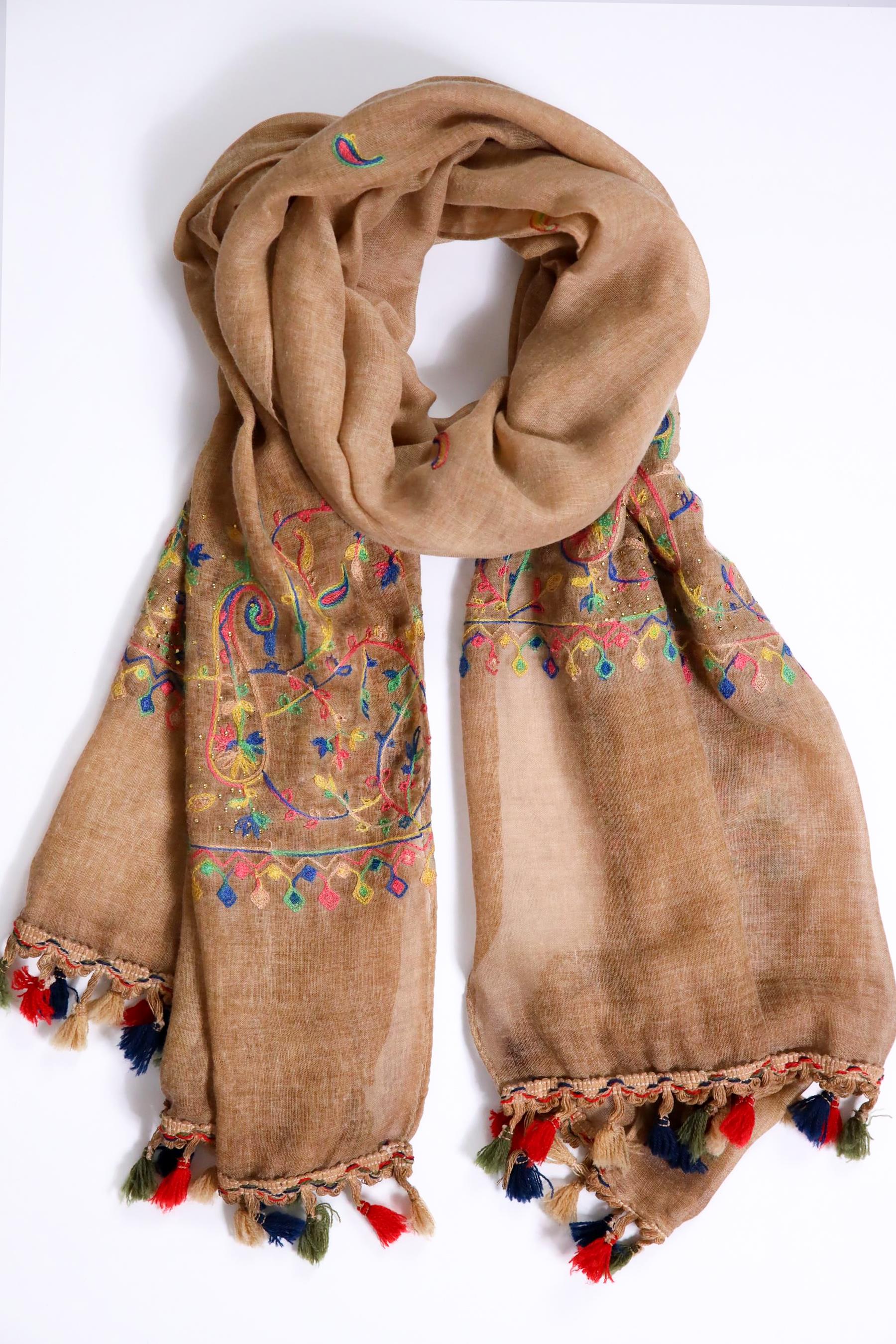 Camel Rengi İşlemeli Boncuklu Şal