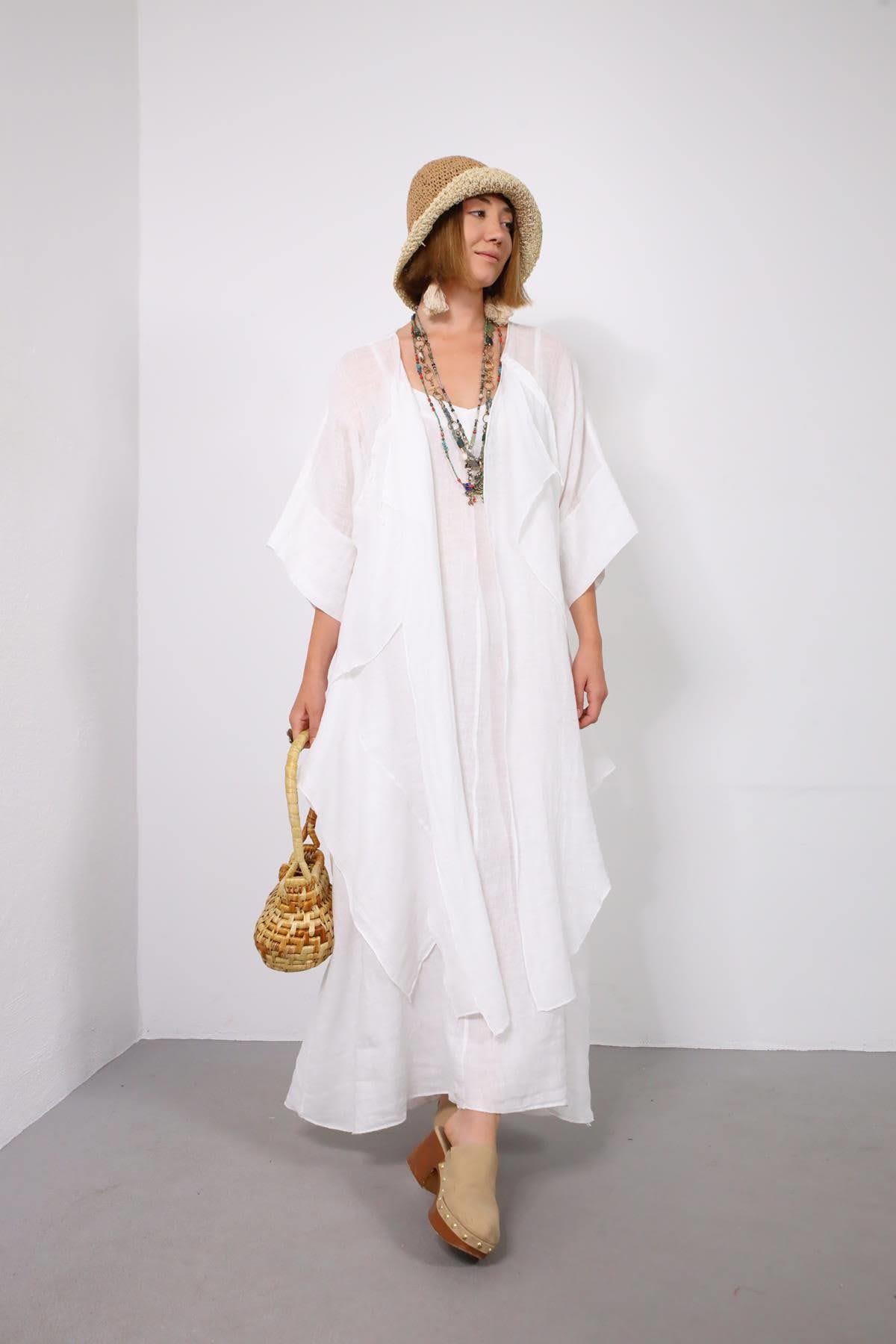 Beyaz Parça Detaylı Keten Kaftan - Şaman Butik Beyaz Parça Detaylı Keten Kaftan