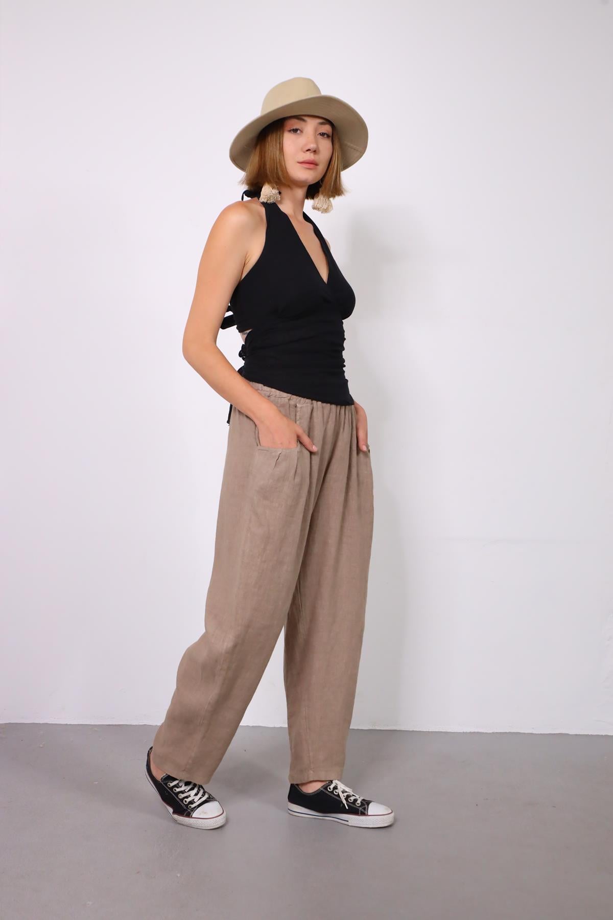  Vizon Rengi Cepleri Pileli Beli Lastikli Keten Pantolon