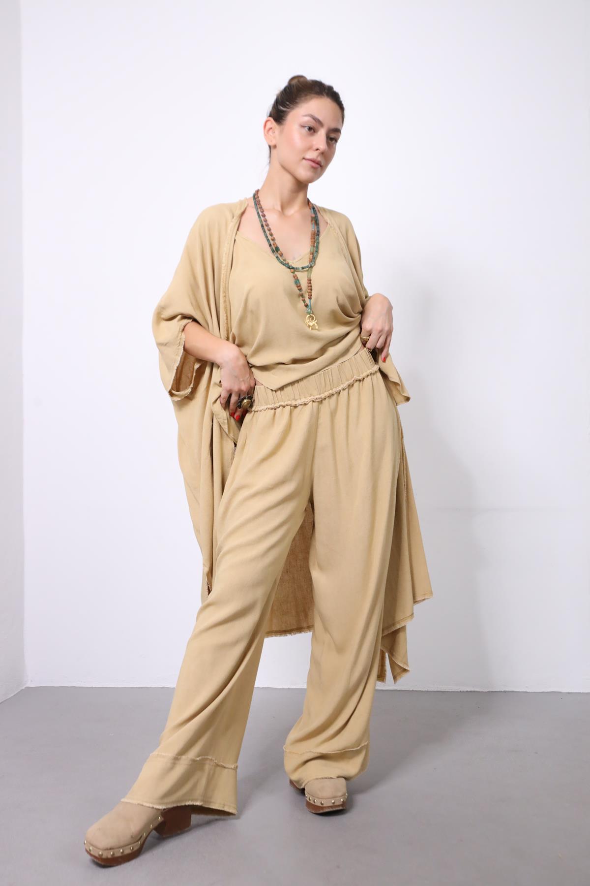  Camel Rengi Keten Beli Ve Paçası Dikişli Pantolon