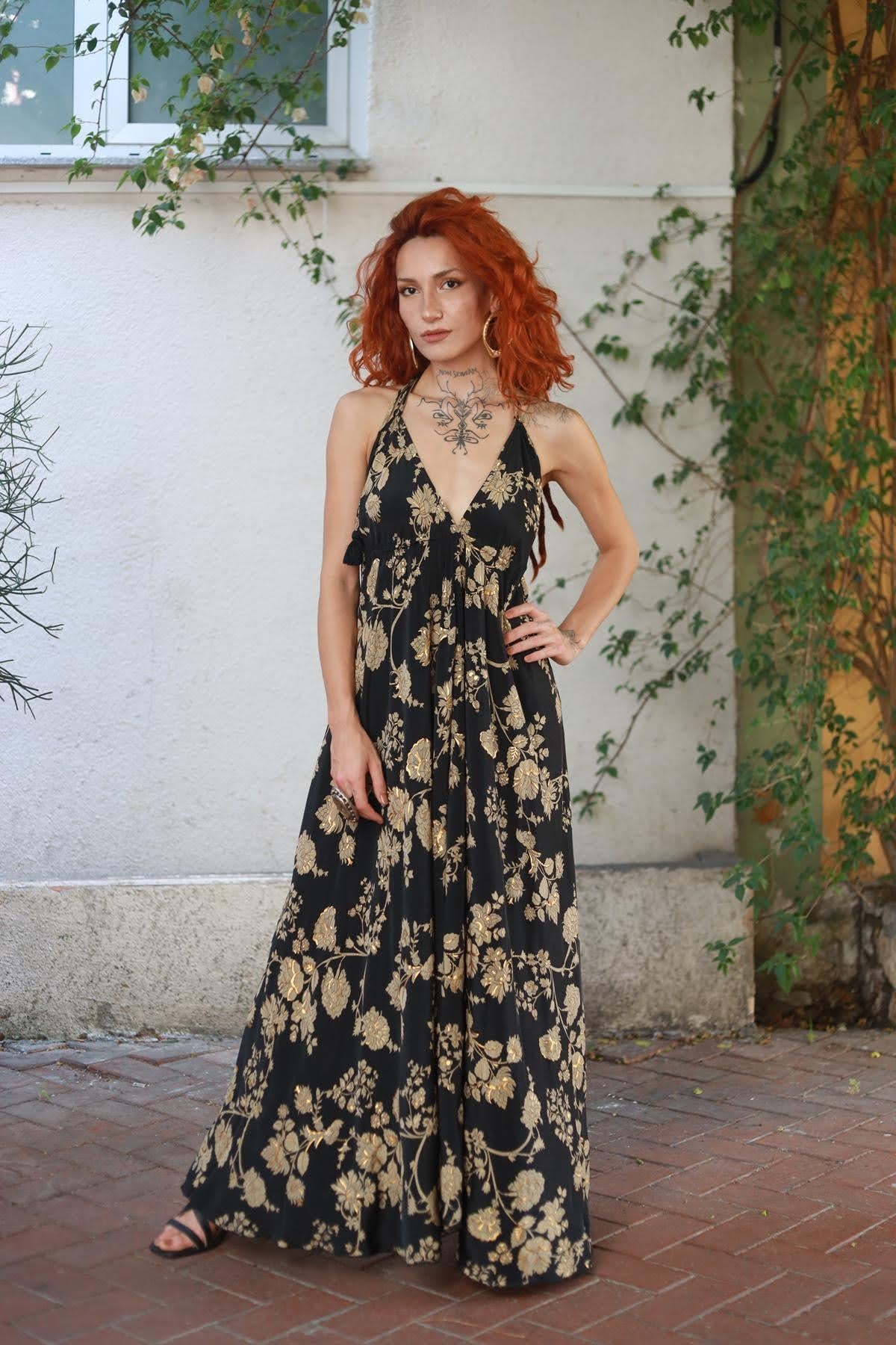 Black Tied Rope Strap Backless Silk Dress