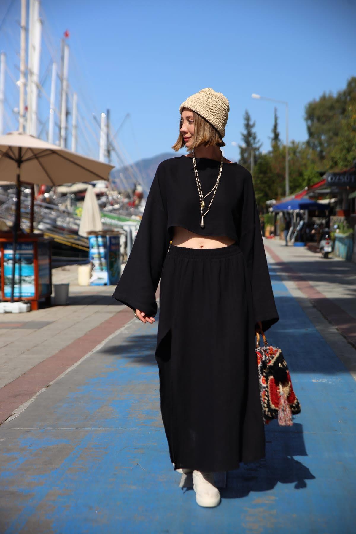 Siyah Yırtmaçlı Etek ve Crop Takım - Şaman Butik Siyah Yırtmaçlı Etek ve Crop Takım