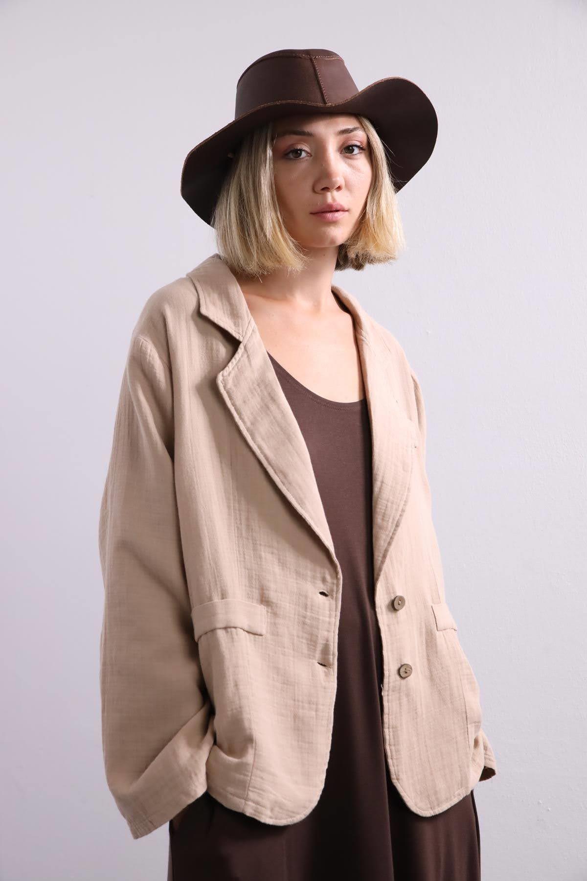  Camel Rengi Müslin Blazer Ceket