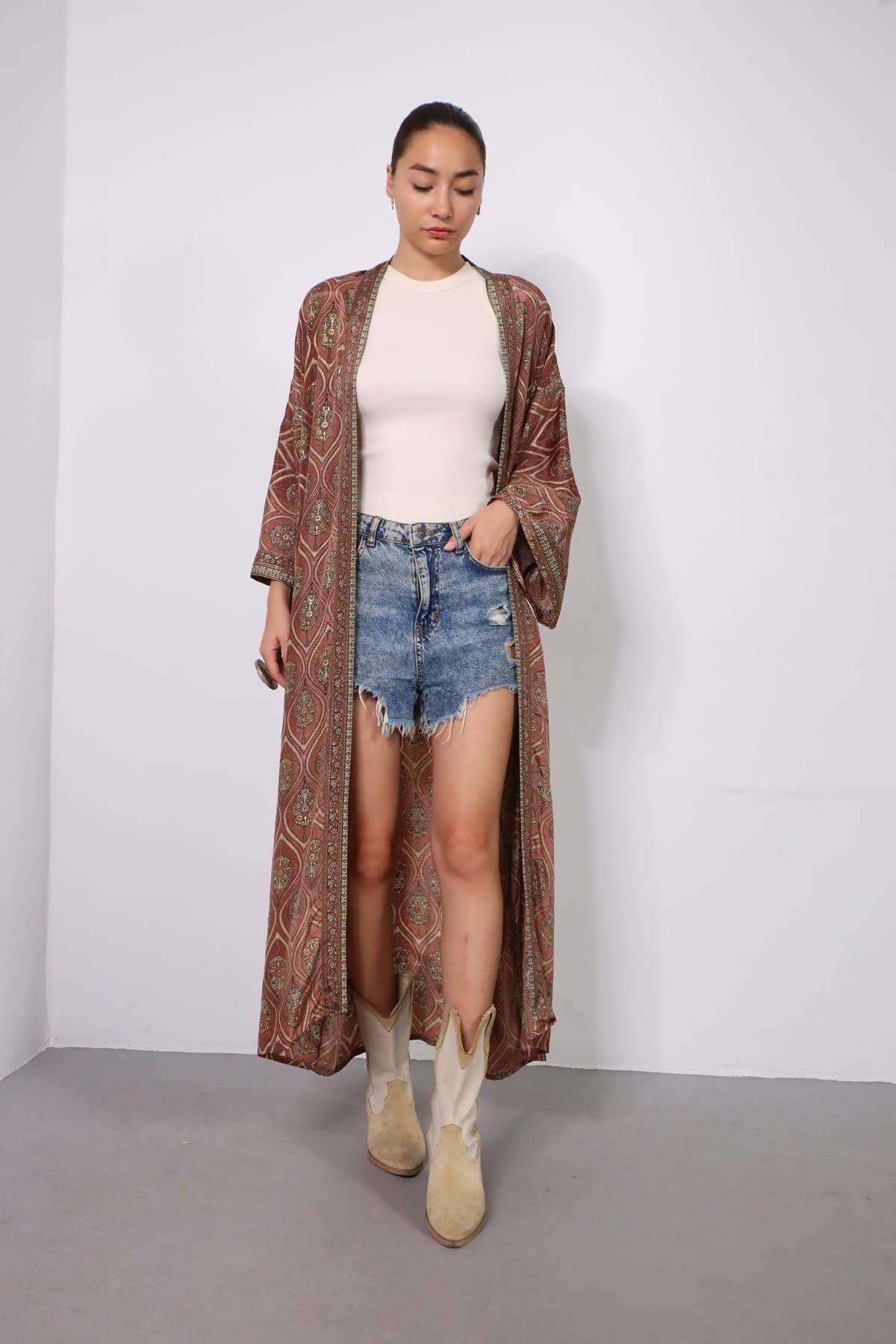 Kahverengi Şal Desen Gold Detaylı Kaftan - Şaman Butik Kahverengi Şal Desen Gold Detaylı Kaftan