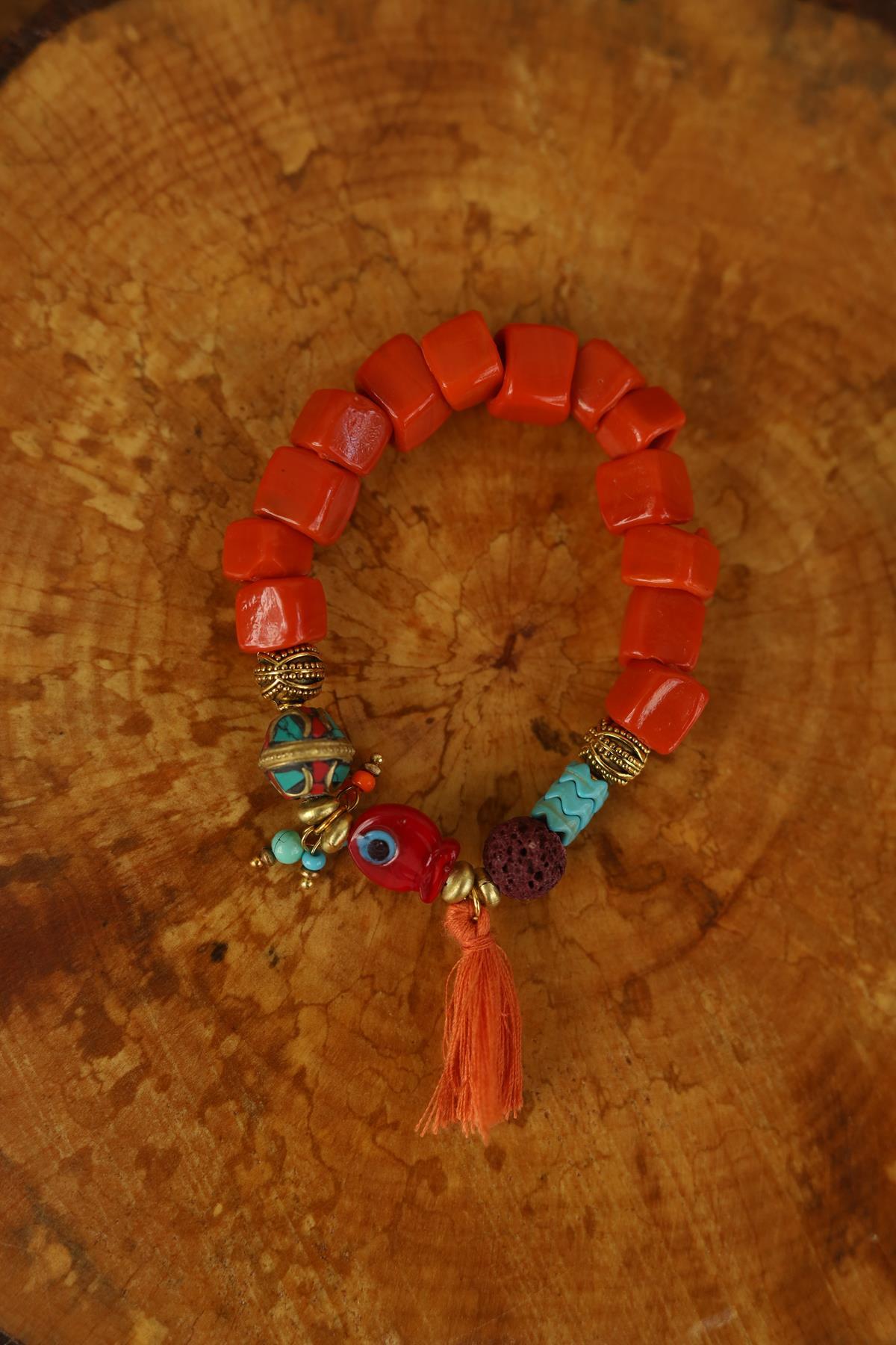 Nazar Boncuğu Detaylı Turuncu Cam Bileklik