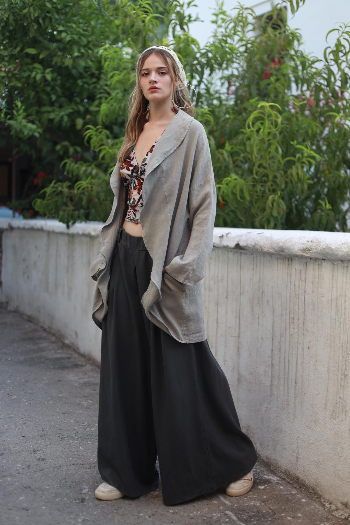 Mink Color Stitch Detailed Linen Jacket