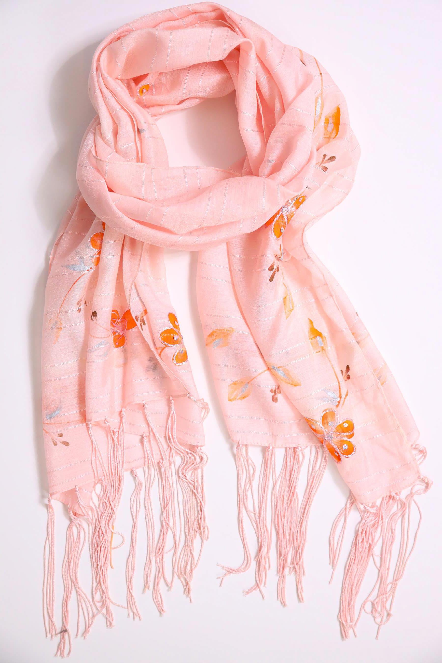 Pembe Payetli İşlemeli Şal - Şaman Butik Pembe Payetli İşlemeli Şal