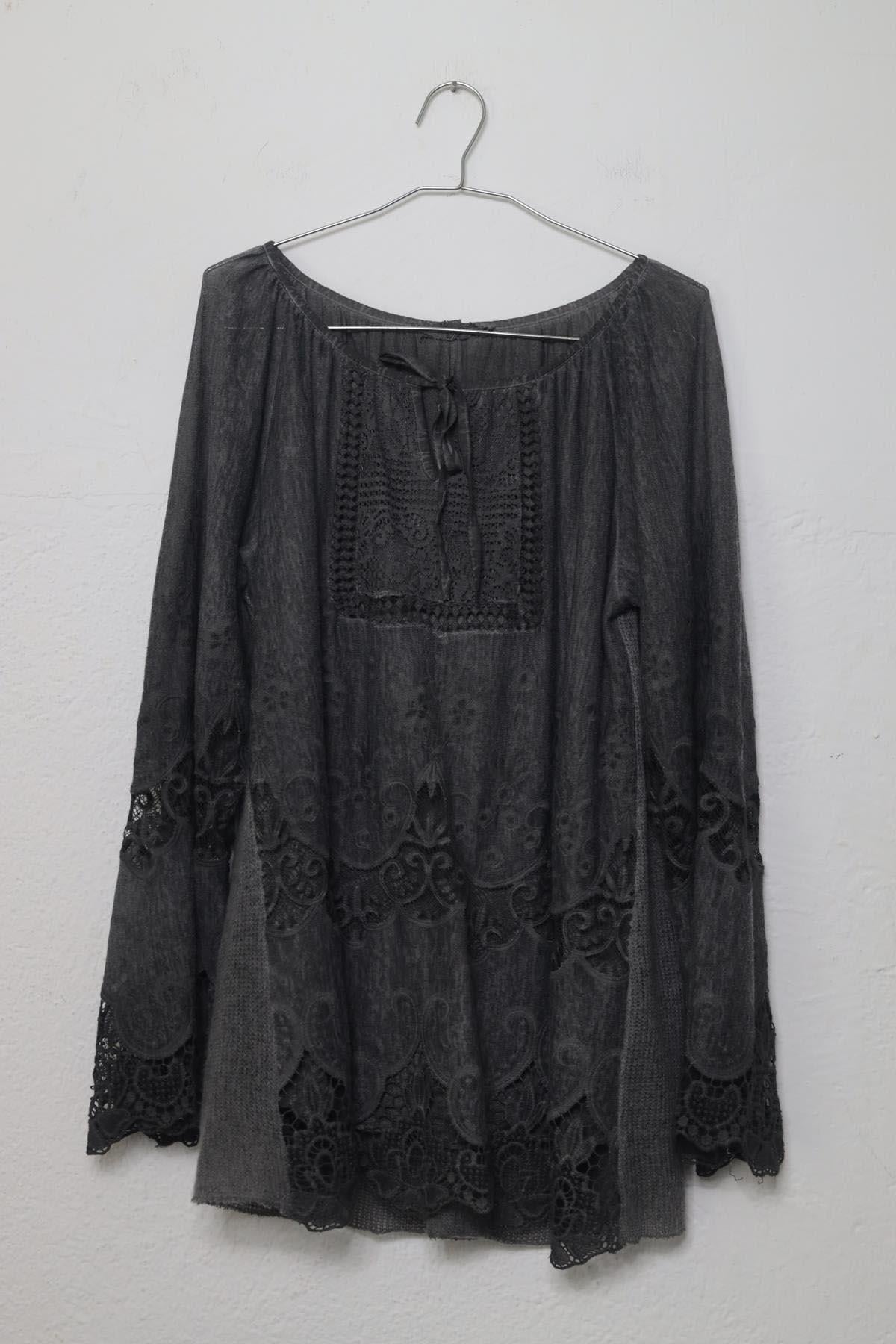 Füme Rengi İp Detaylı Dantelli Yünlü Bluz