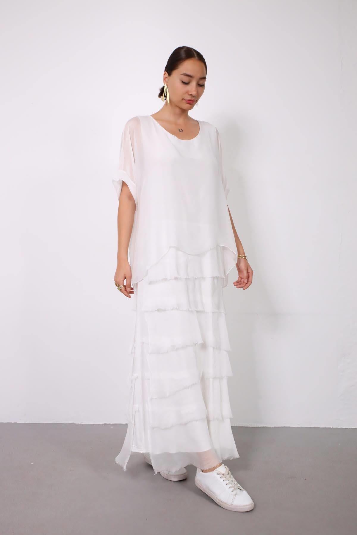 Beyaz Bluz Detaylı Kat Kat İpek Elbise - Şaman Butik Beyaz Bluz Detaylı Kat Kat İpek Elbise