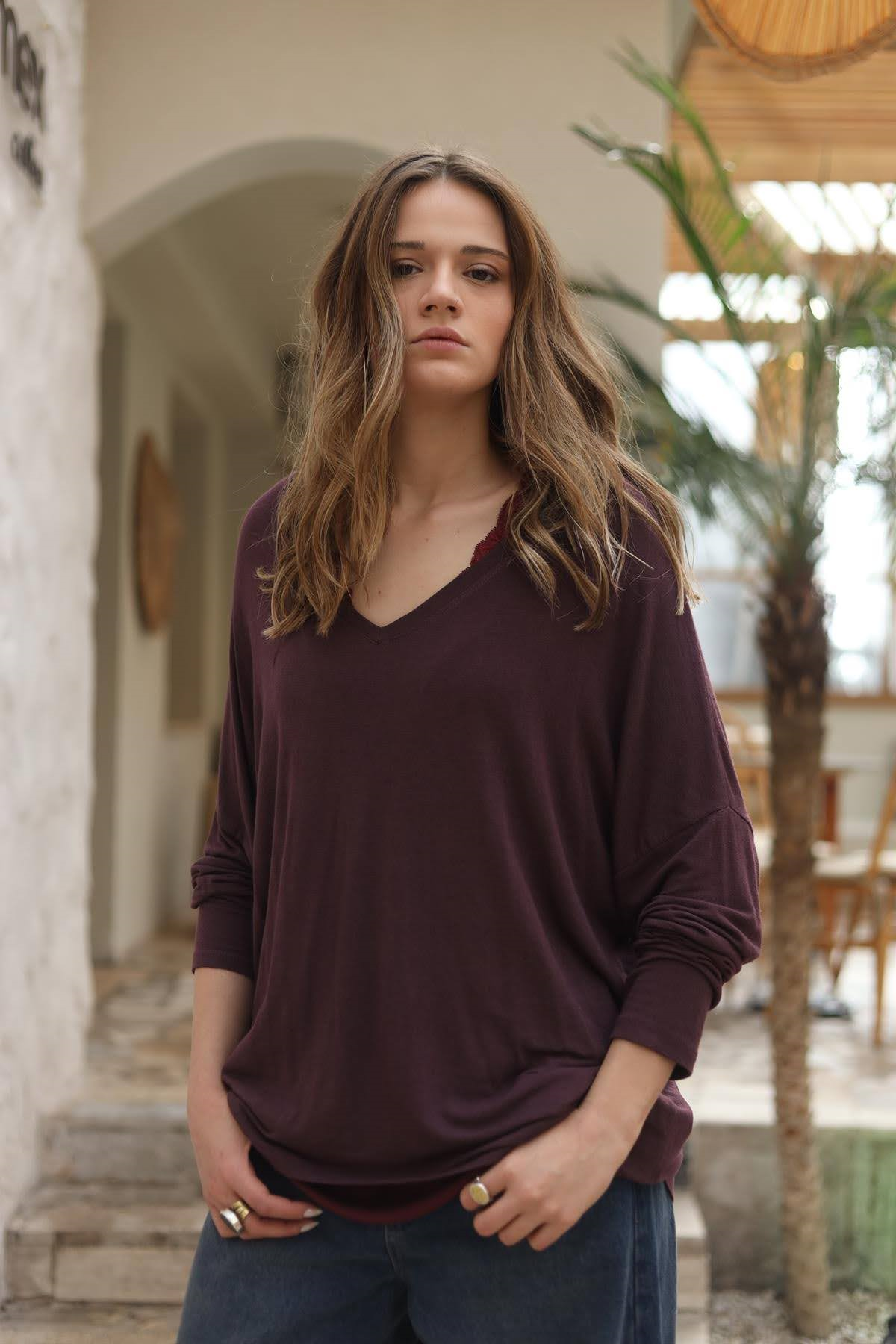 Bordo V Yaka Kaşmir Karışımlı Modal Bluz