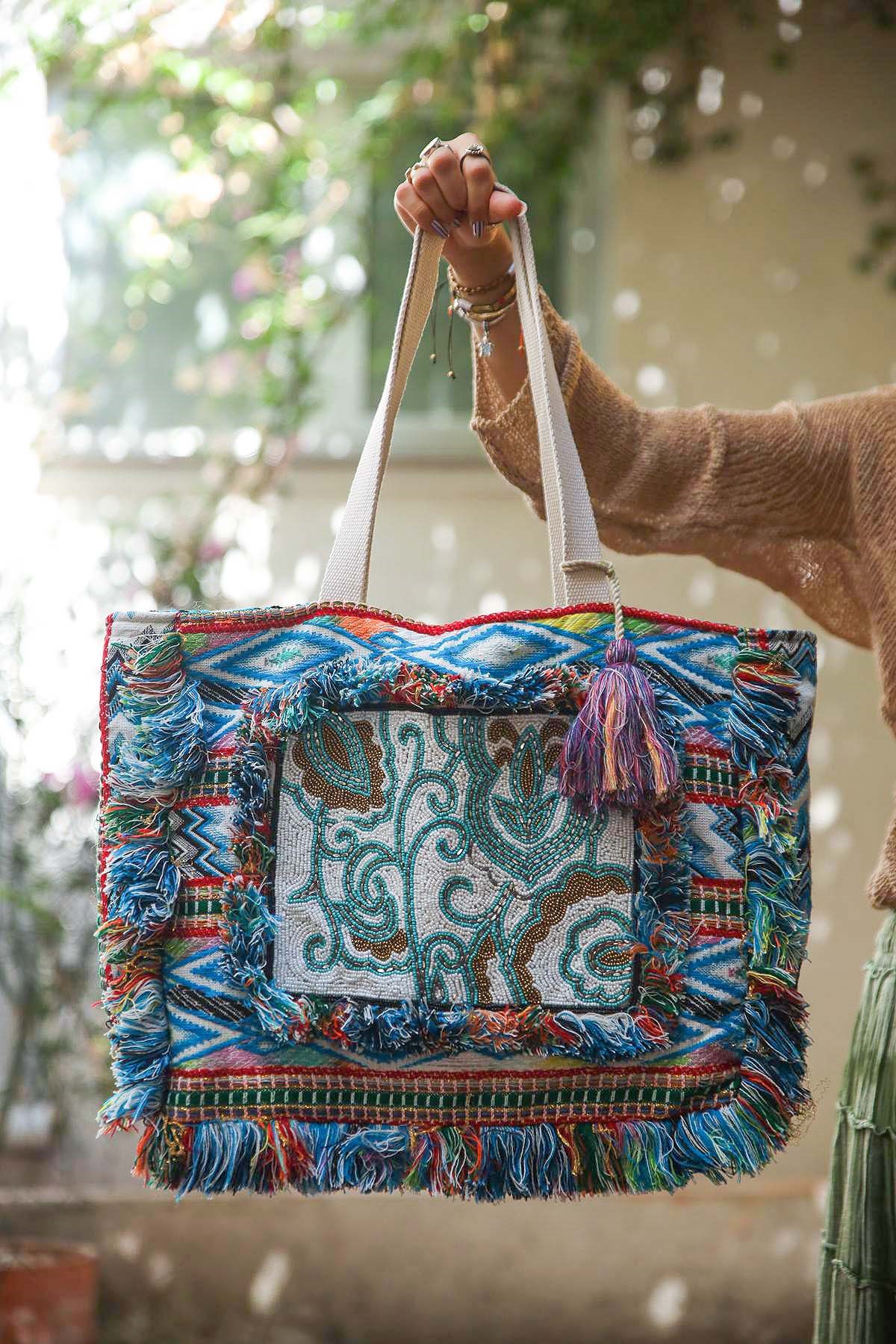Turkuaz Kilim Dokuma Boncuk İşlemeli Çanta