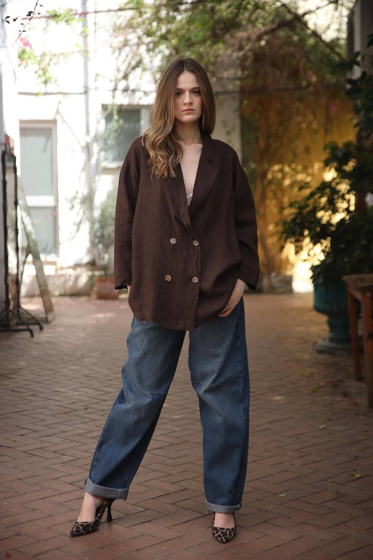 Kahverengi Keten Blazer Ceket