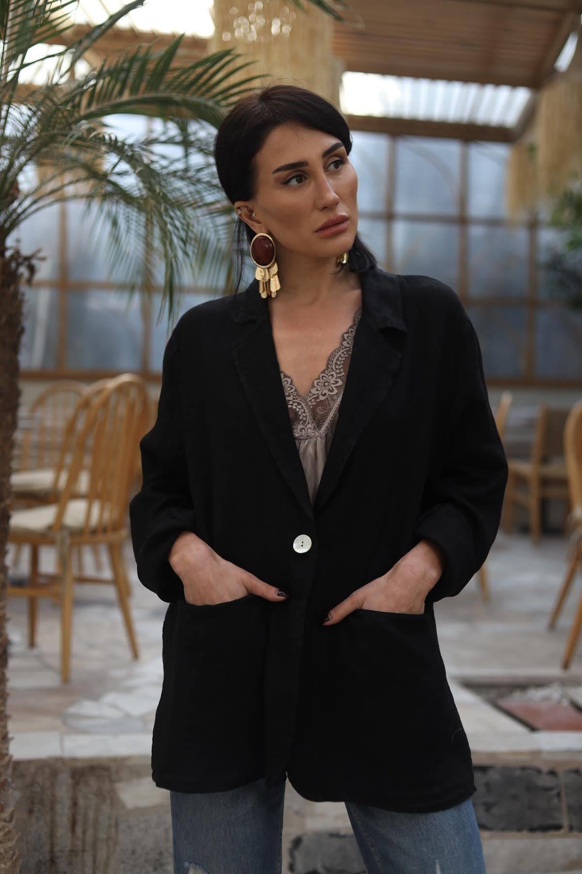 Siyah Cepli Tek Düğmeli Keten Ceket