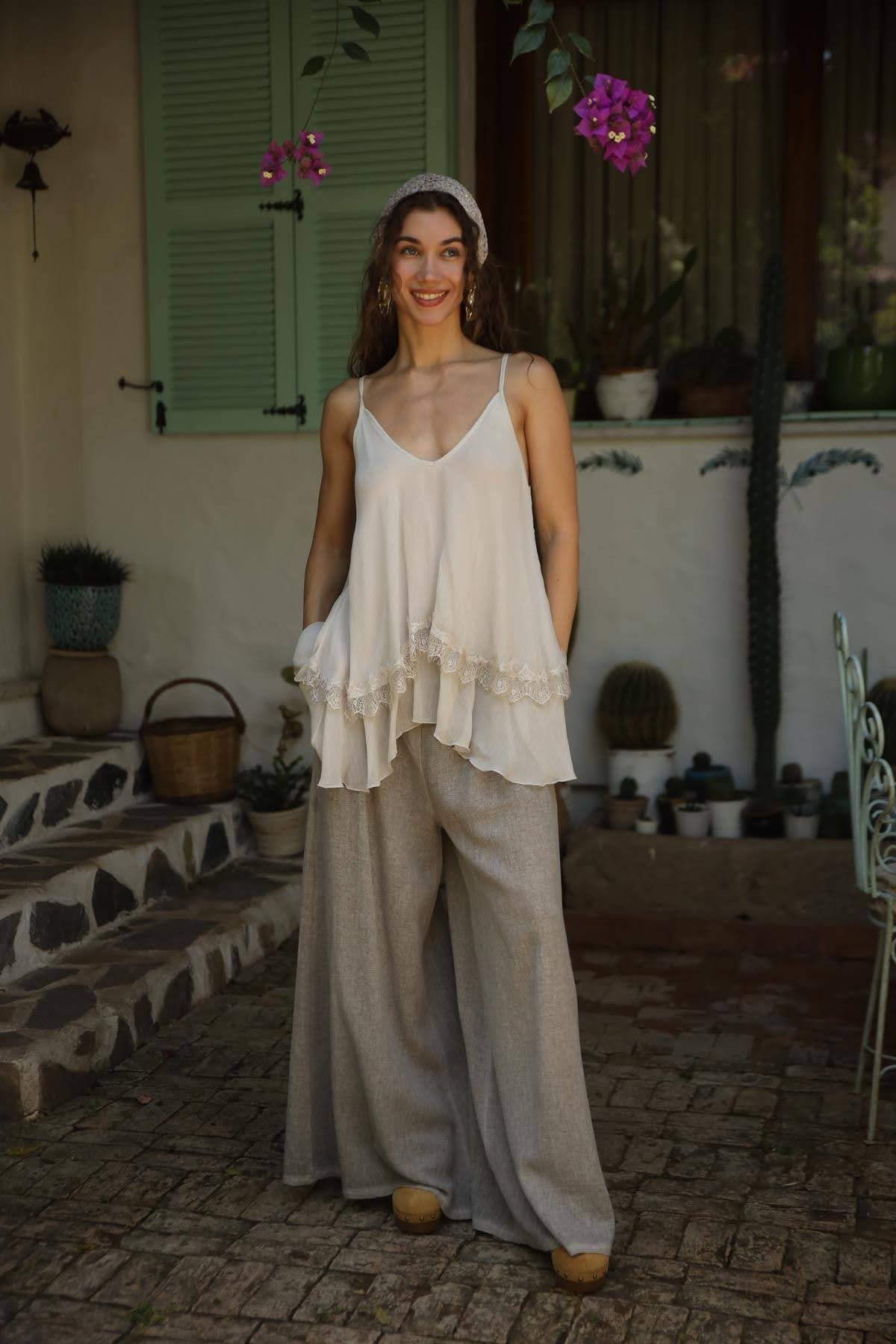 Vizon Rengi Önü Pileli Soft Keten Pantolon