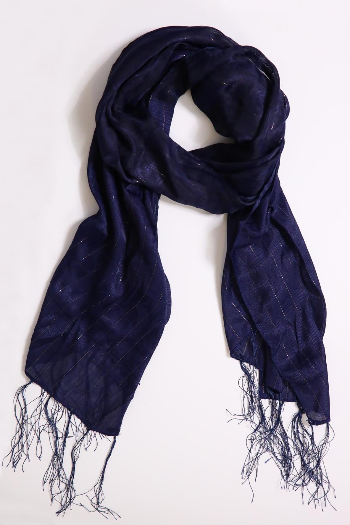 Lacivert Kendinden Desenli Çizgili Şal - Şaman Butik Lacivert Kendinden Desenli Çizgili Şal