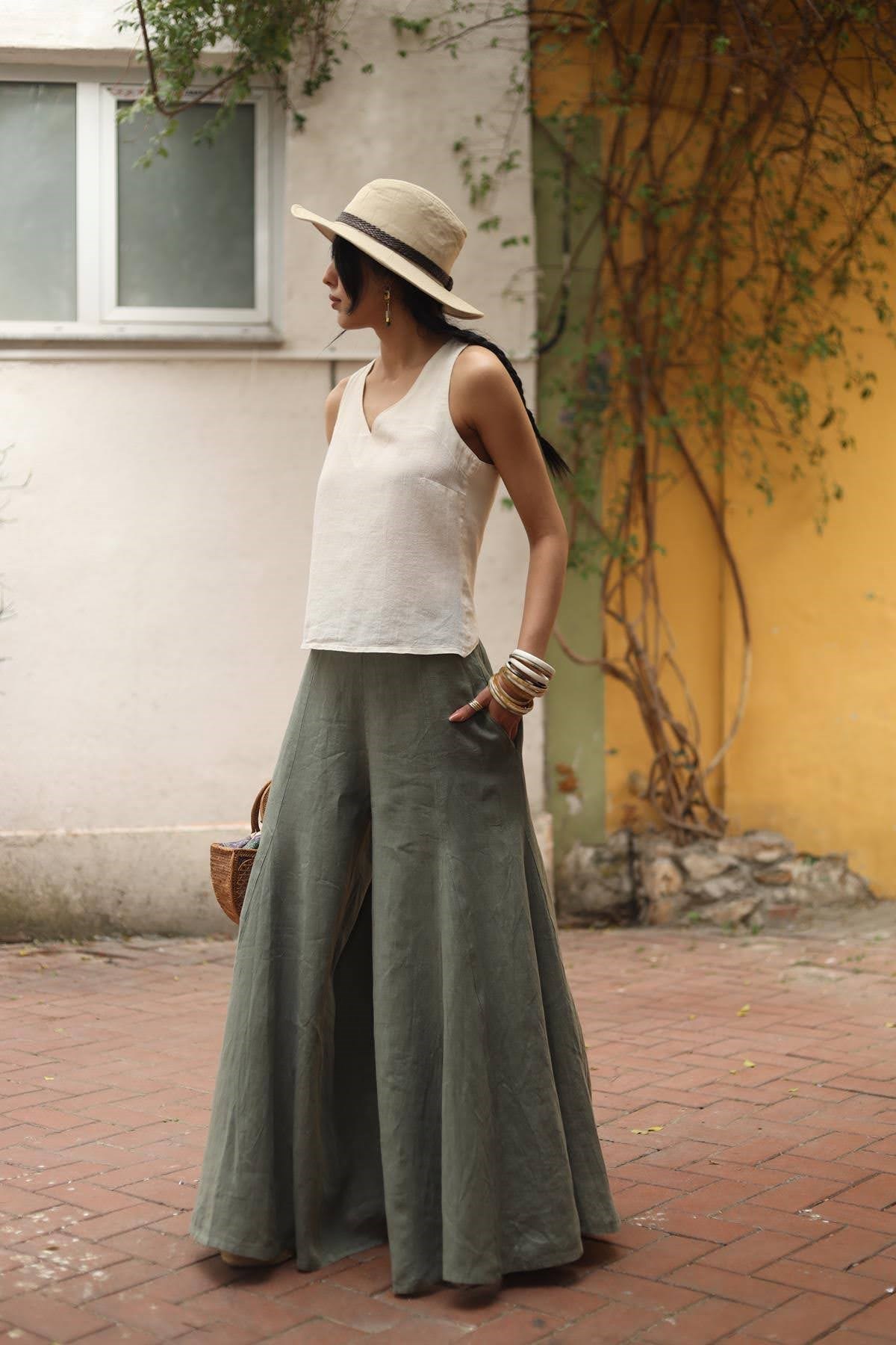 Haki Keten Pantolon Etek