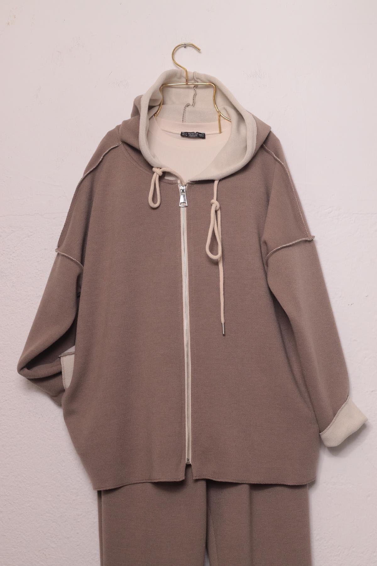 Vizon Rengi Kapüşonlu Dikiş Detaylı Hırka