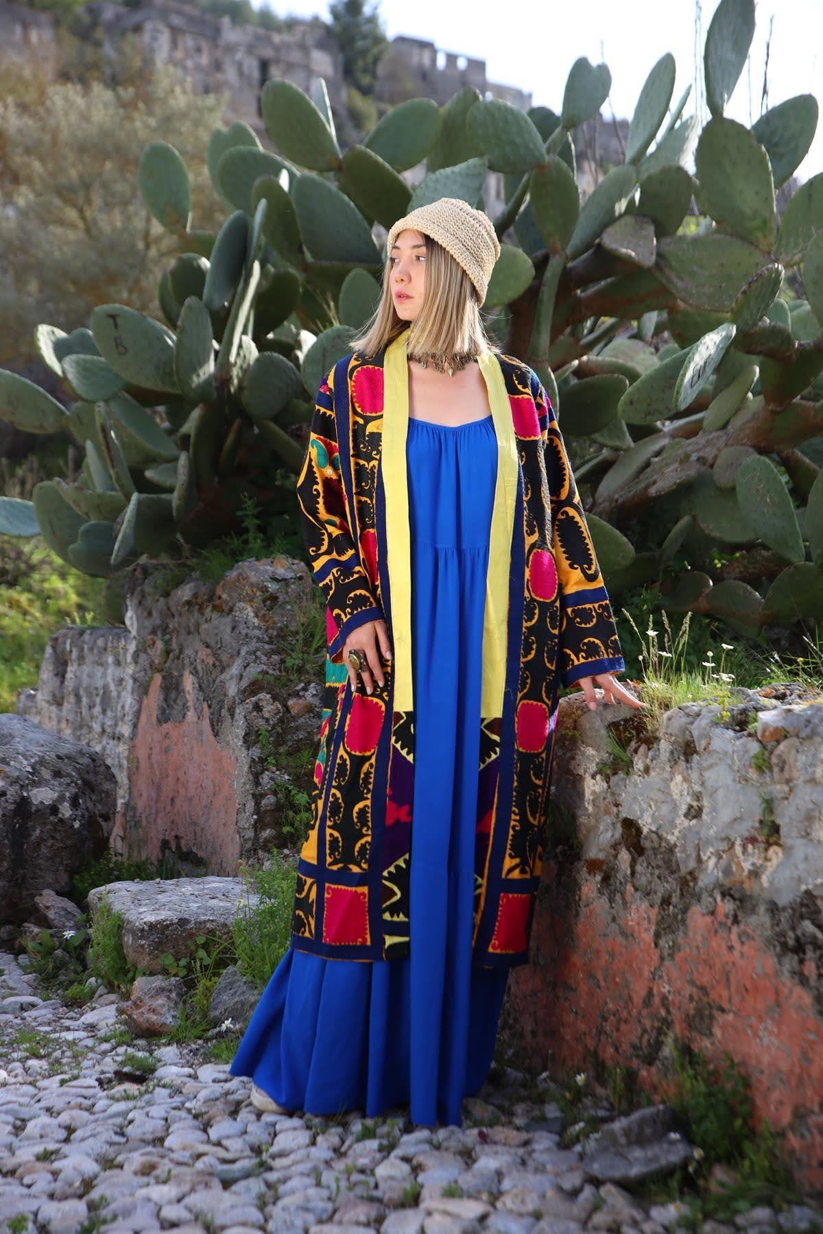 Hardal Rengi Etnik İşlemeli Suzani Kaftan - Şaman Butik Hardal Rengi Etnik İşlemeli Suzani Kaftan