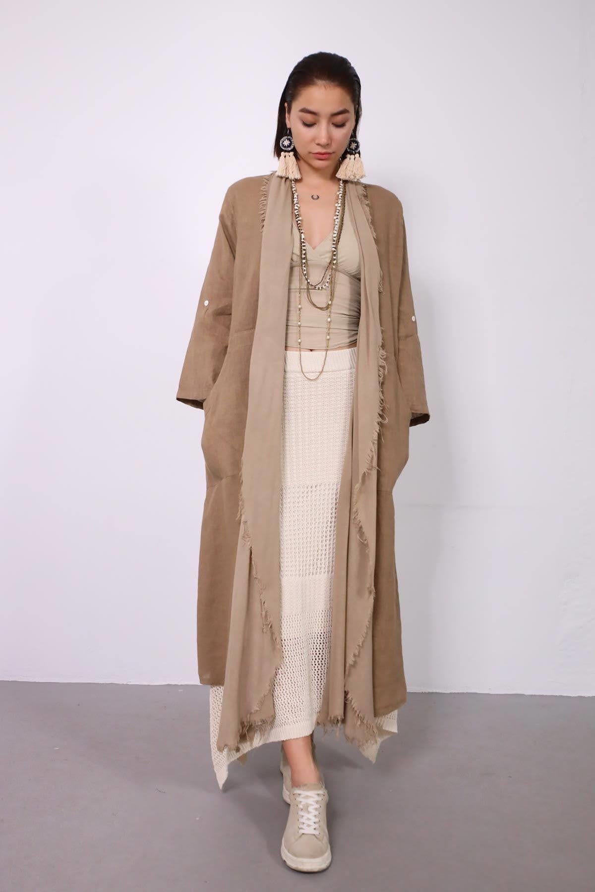 Kahverengi Sırt Detaylı Keten Kaftan - Şaman Butik - Bohem Giyim ve Aksesuar | Kadın & Erkek Kahverengi Sırt Detaylı Keten Kaftan