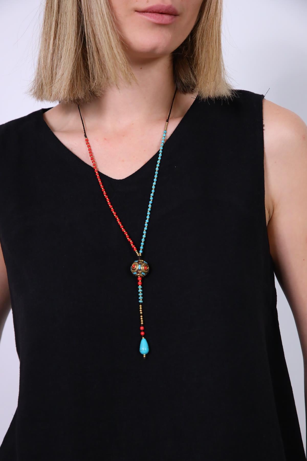 Çekirdek Detaylı Kırmızı Turkuaz Uzun Kolye Çekirdek Detaylı Kırmızı Turkuaz Uzun Kolye