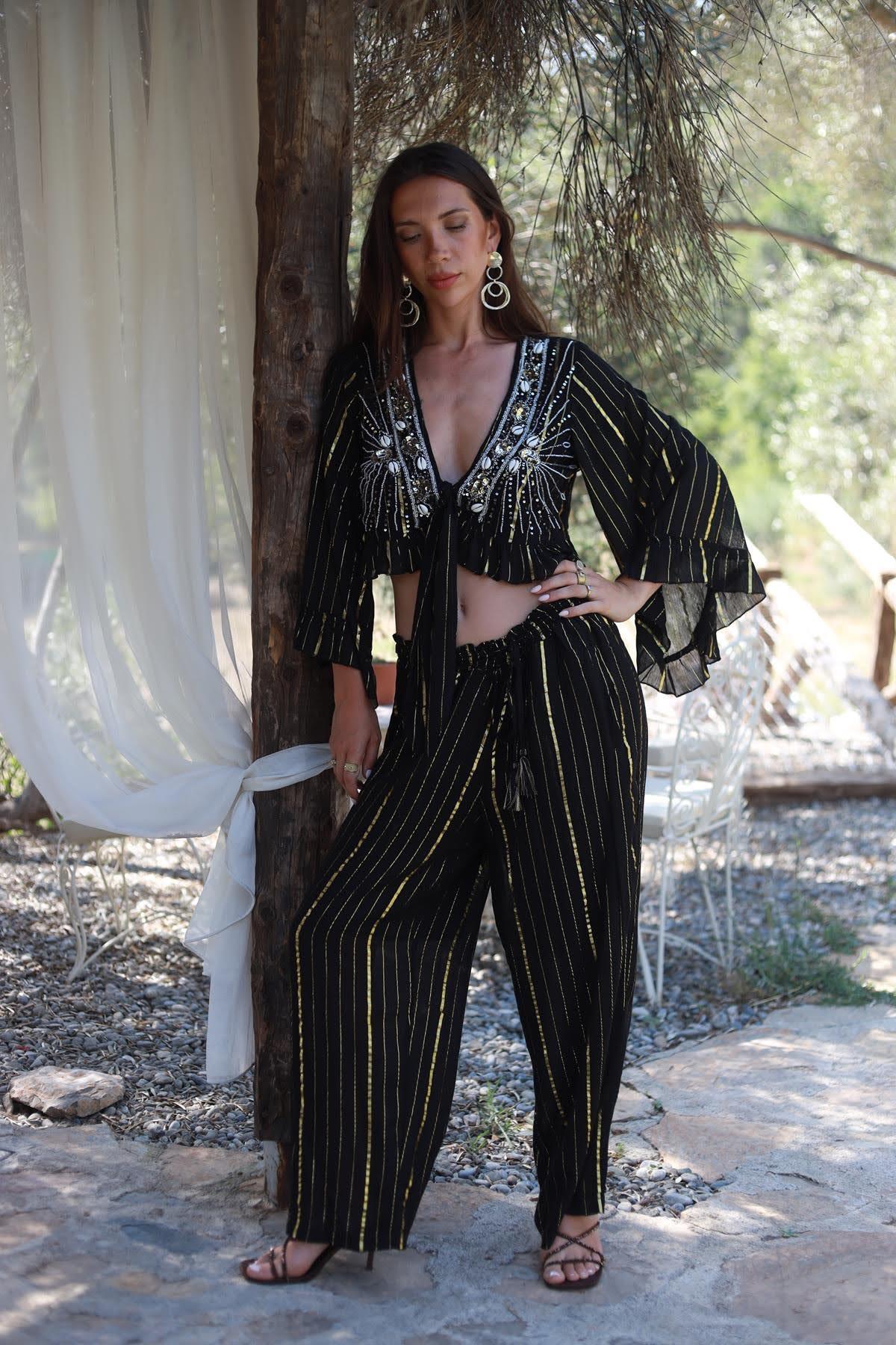 Siyah Deniz Kabuklu Bolero ve Pantolon Takım