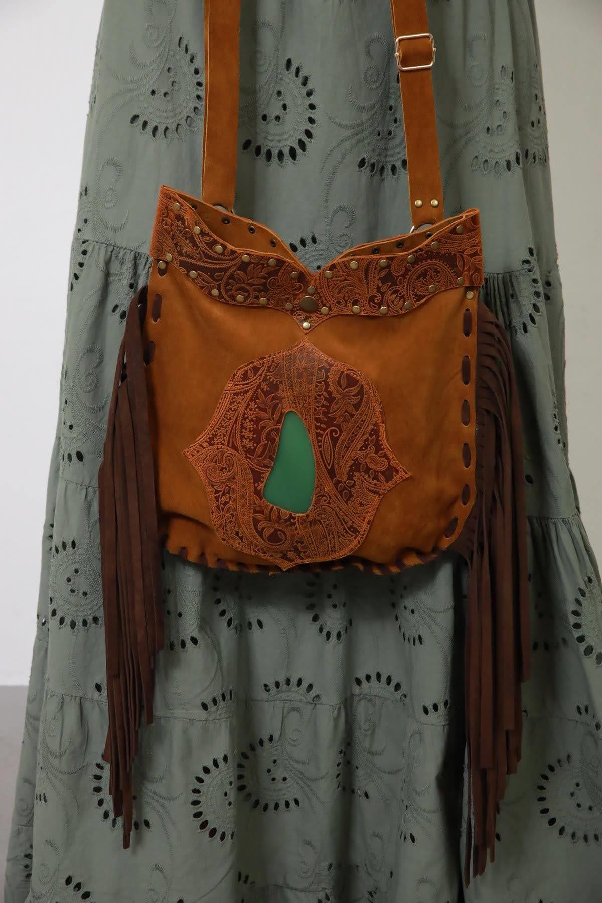 Brown Embossed Leather Detailed Suede Bag