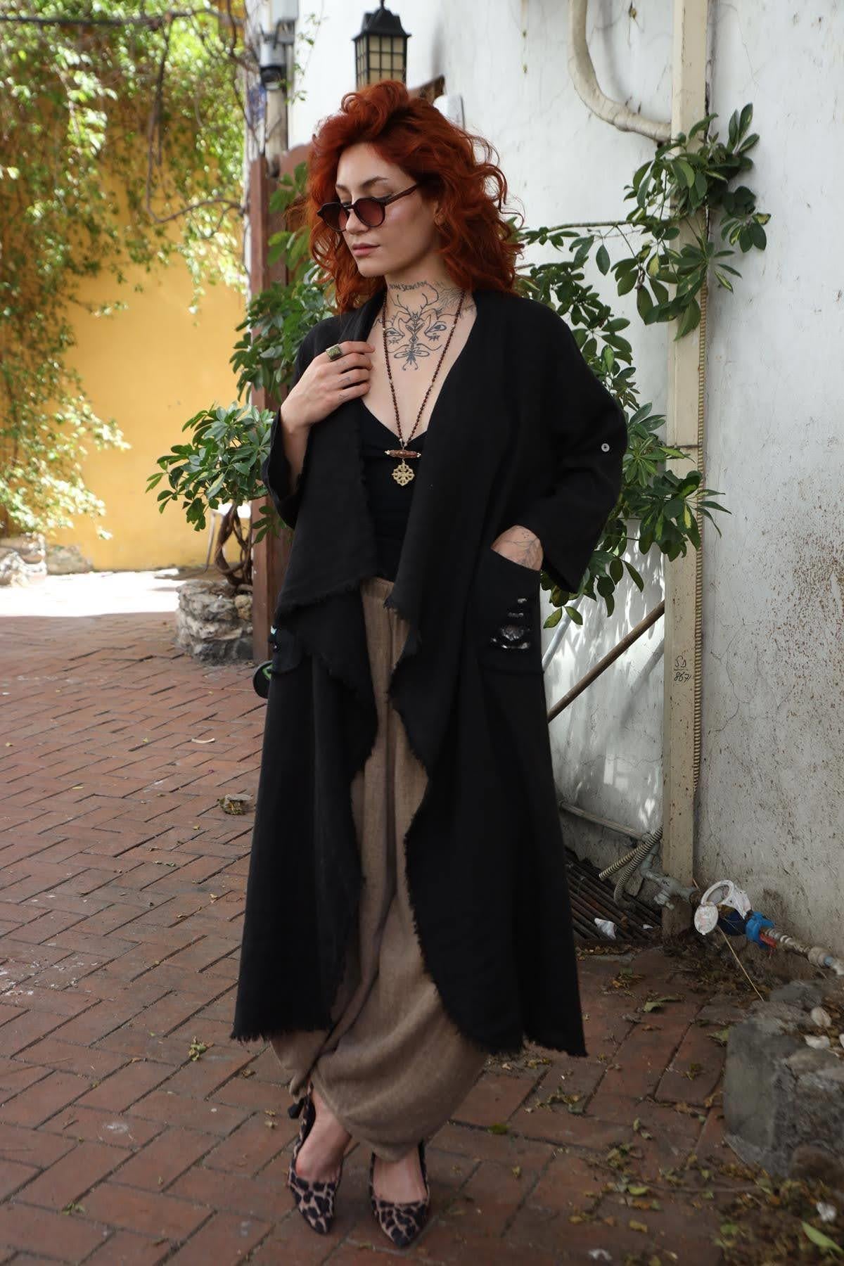 Black Tasseled Linen Kaftan