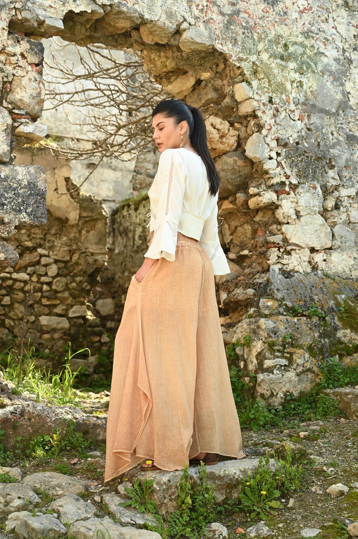 Camel Rengi Beli Gipeli İspanyol Paça Pantolon