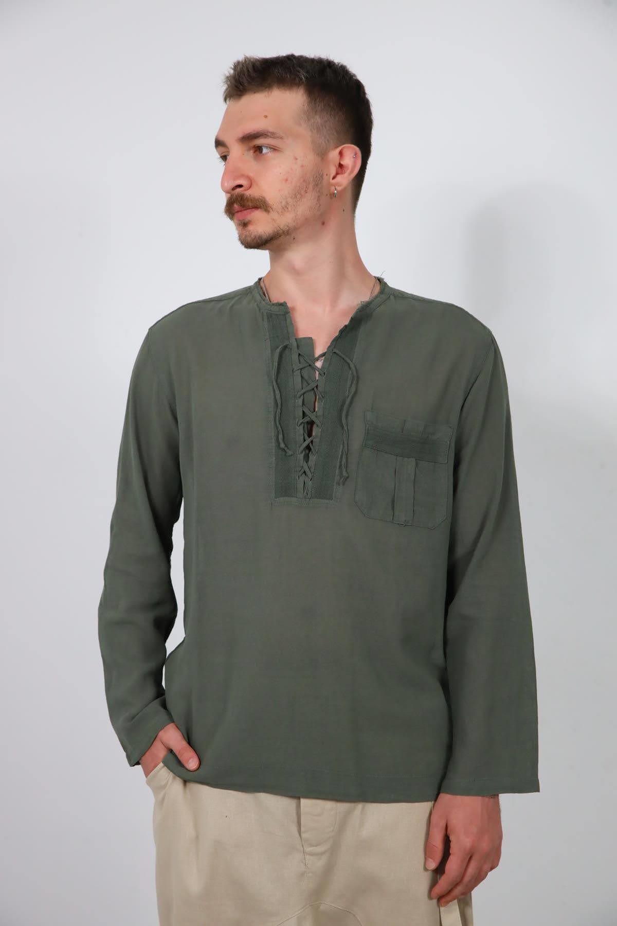 Haki Yakası Bağcıklı Bohem Erkek Gömlek - Şaman Butik Haki Yakası Bağcıklı Bohem Erkek Gömlek