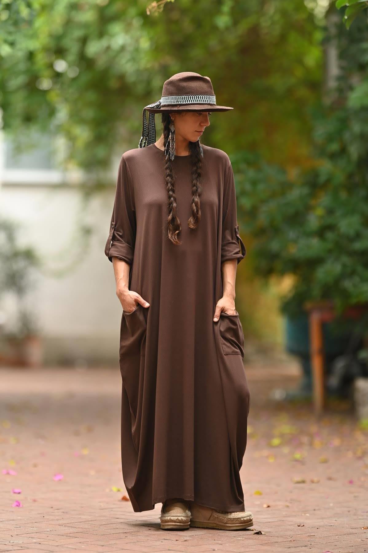 Kahverengi Bisiklet Yaka Kulaklı Uzun Kollu Elbise