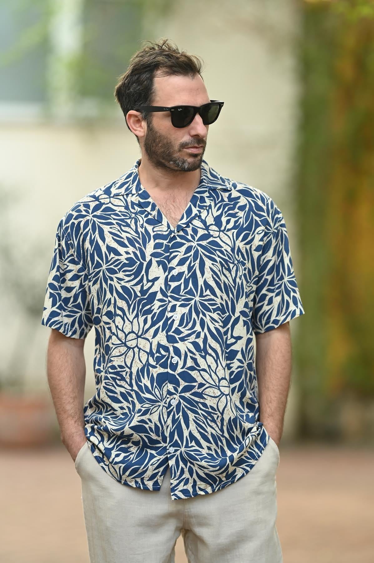 Navy Blue Patterned Short Sleeve Mens Shirt