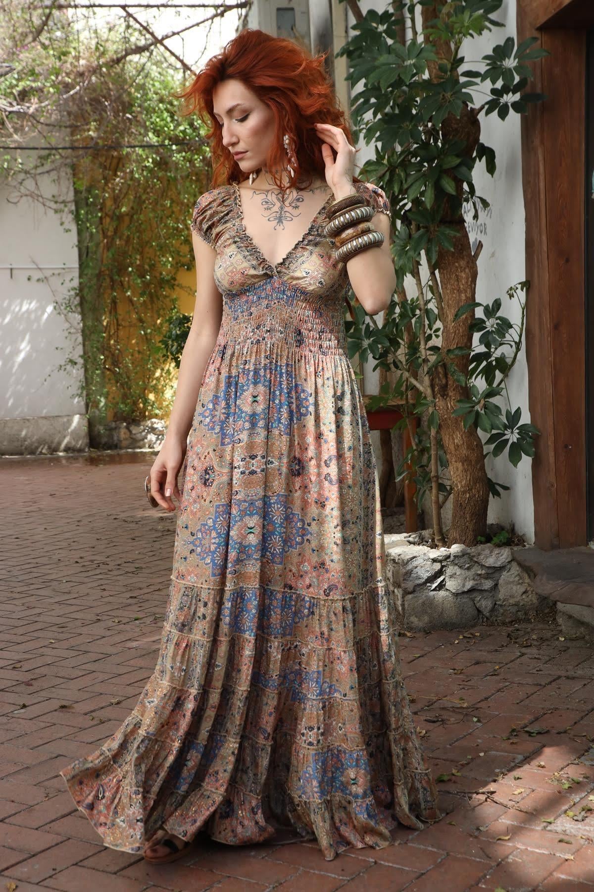 Indigo Blue Patterned Silk Dress