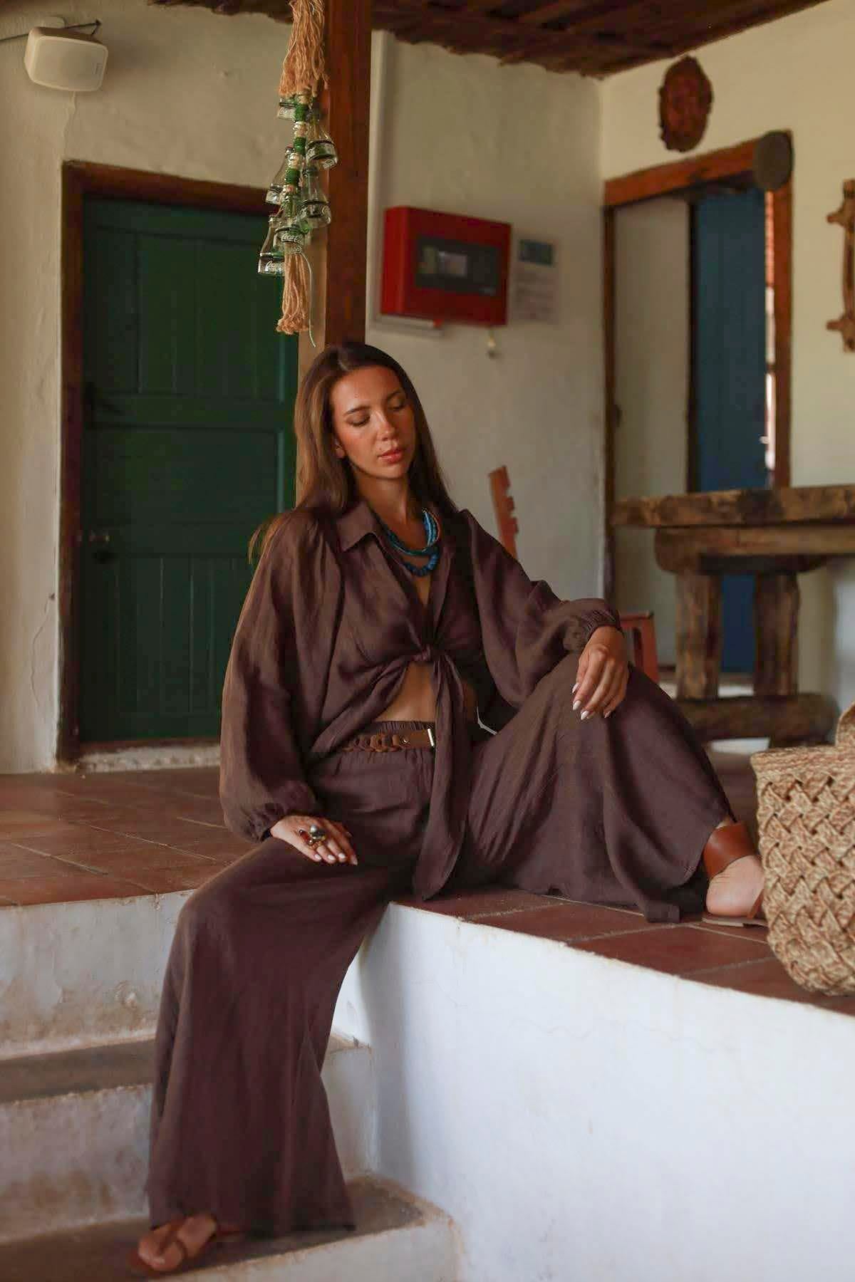 Kahverengi Keten Bolero ve Pantolon Takım