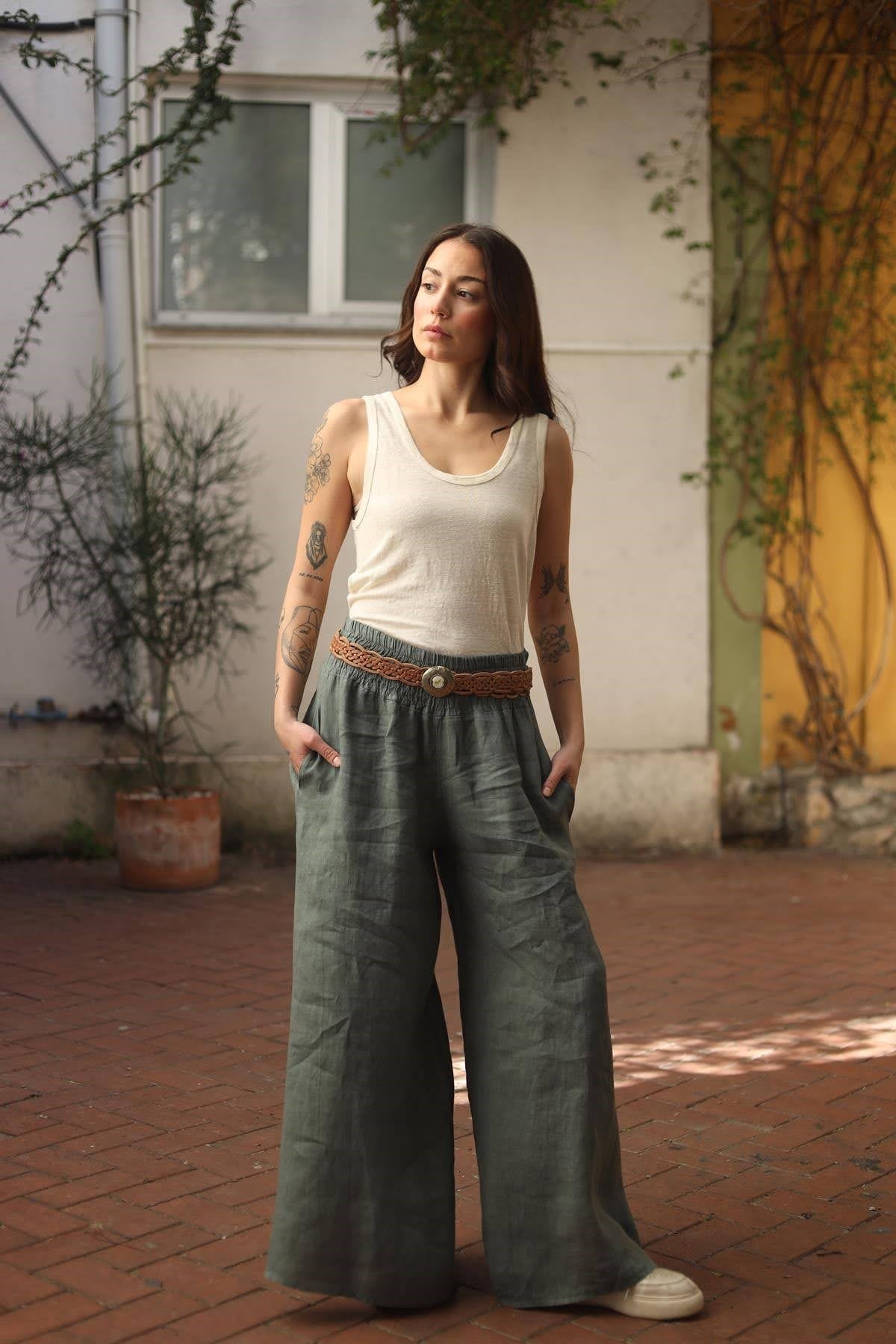 Haki Geniş Paça Beli Gipeli Keten Pantolon