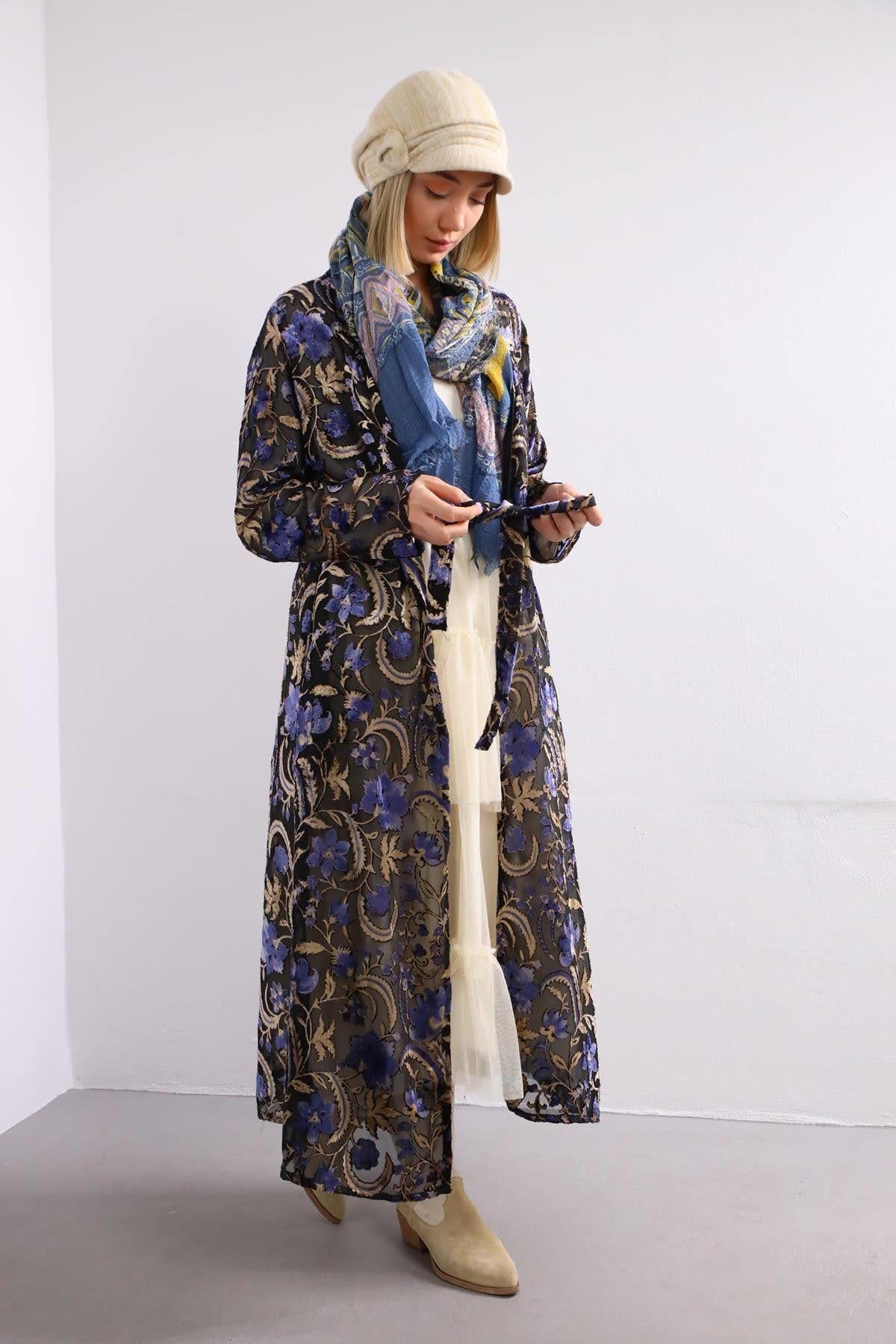  Siyah Kadife İşlemeli Şifon Kaftan